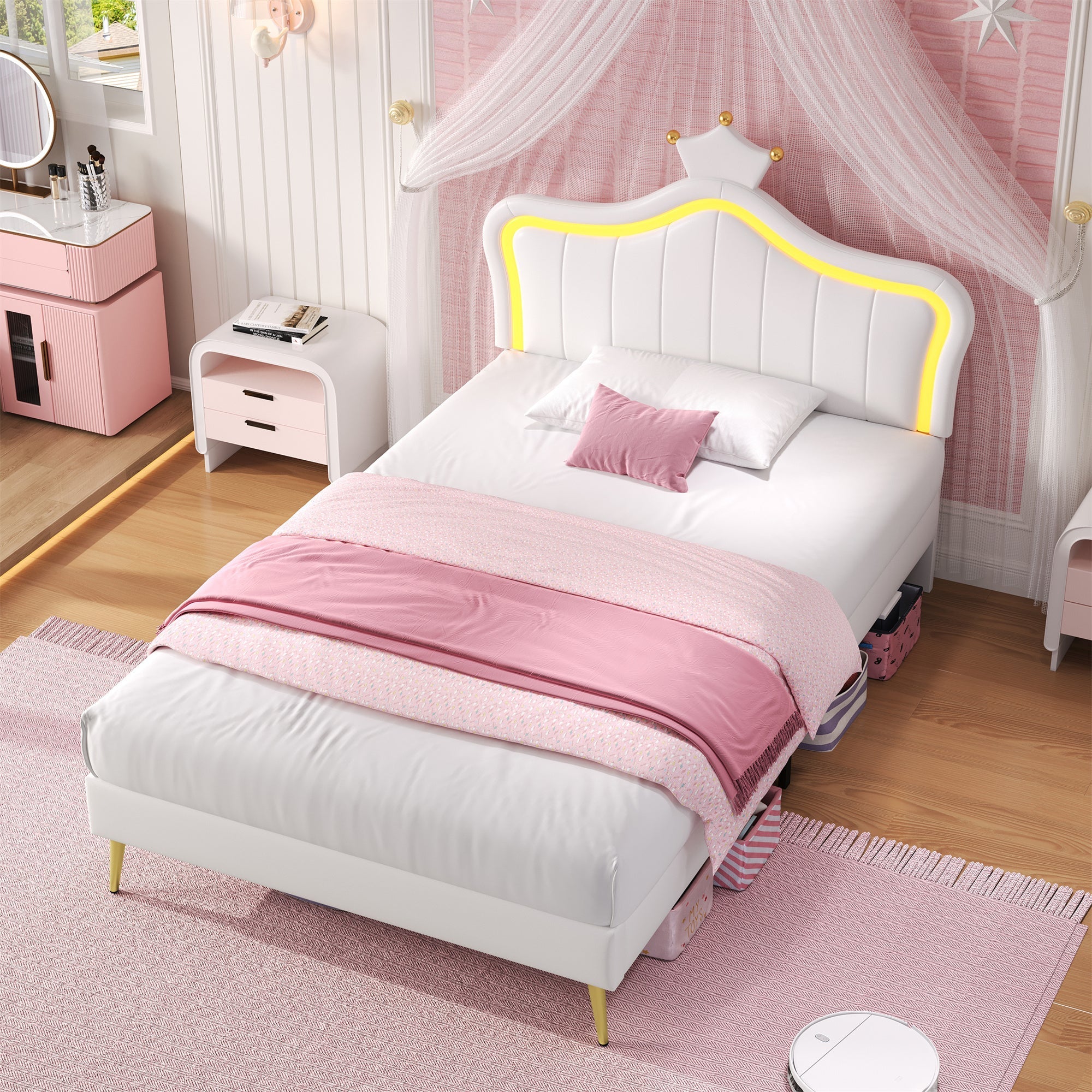 3ft Single Upholstered Bed with LED Adjustable Crown Shape Headboard, Cream White PU Leather