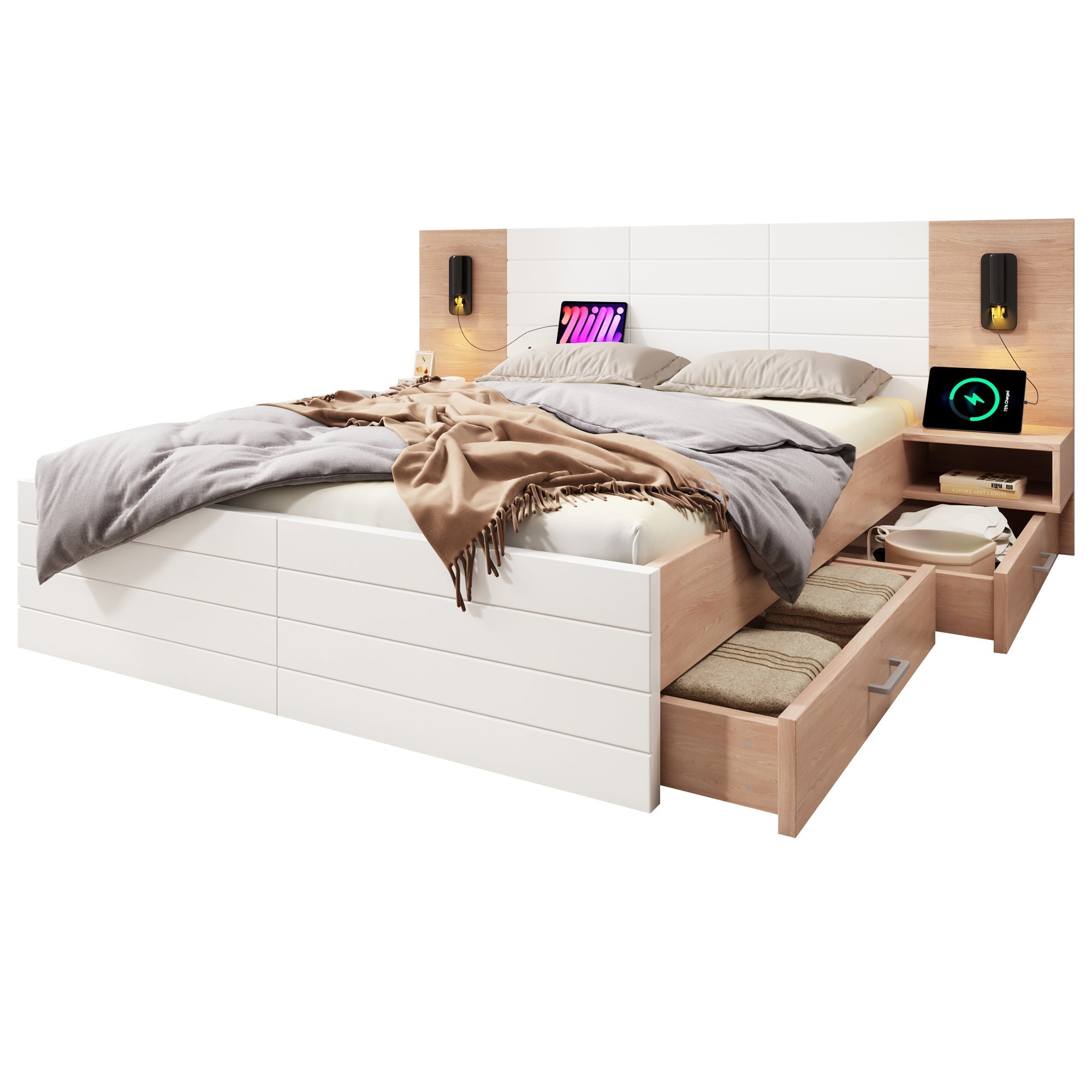 Double Bed 140x200cm, 2 Drawers, USB Reading Light, 2 Bedside Tables, Oak/White Wood