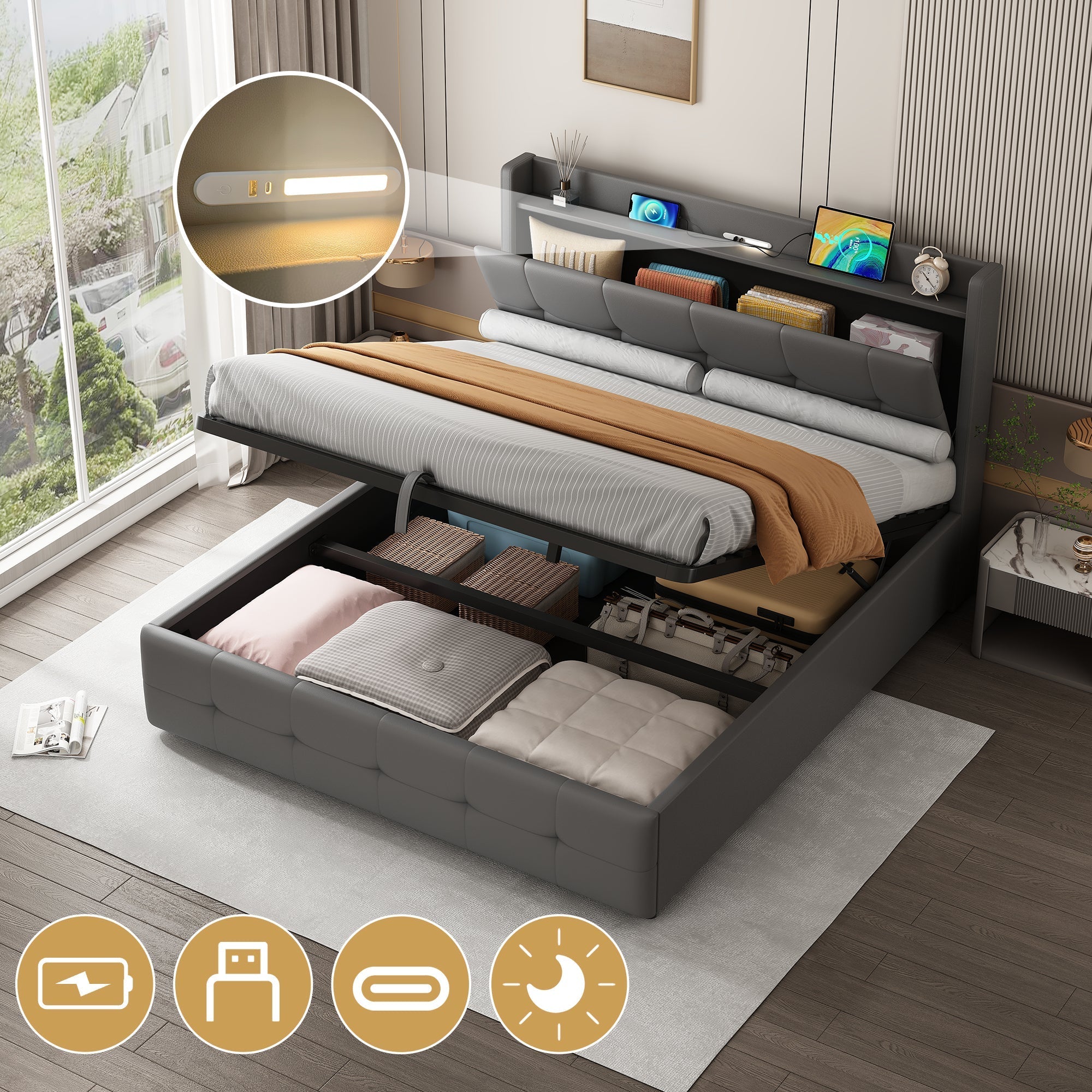 5ft King Upholstered Bed Frame, Hydraulic Storage, Charging Station, LED Night Light, PU Leather, Grey