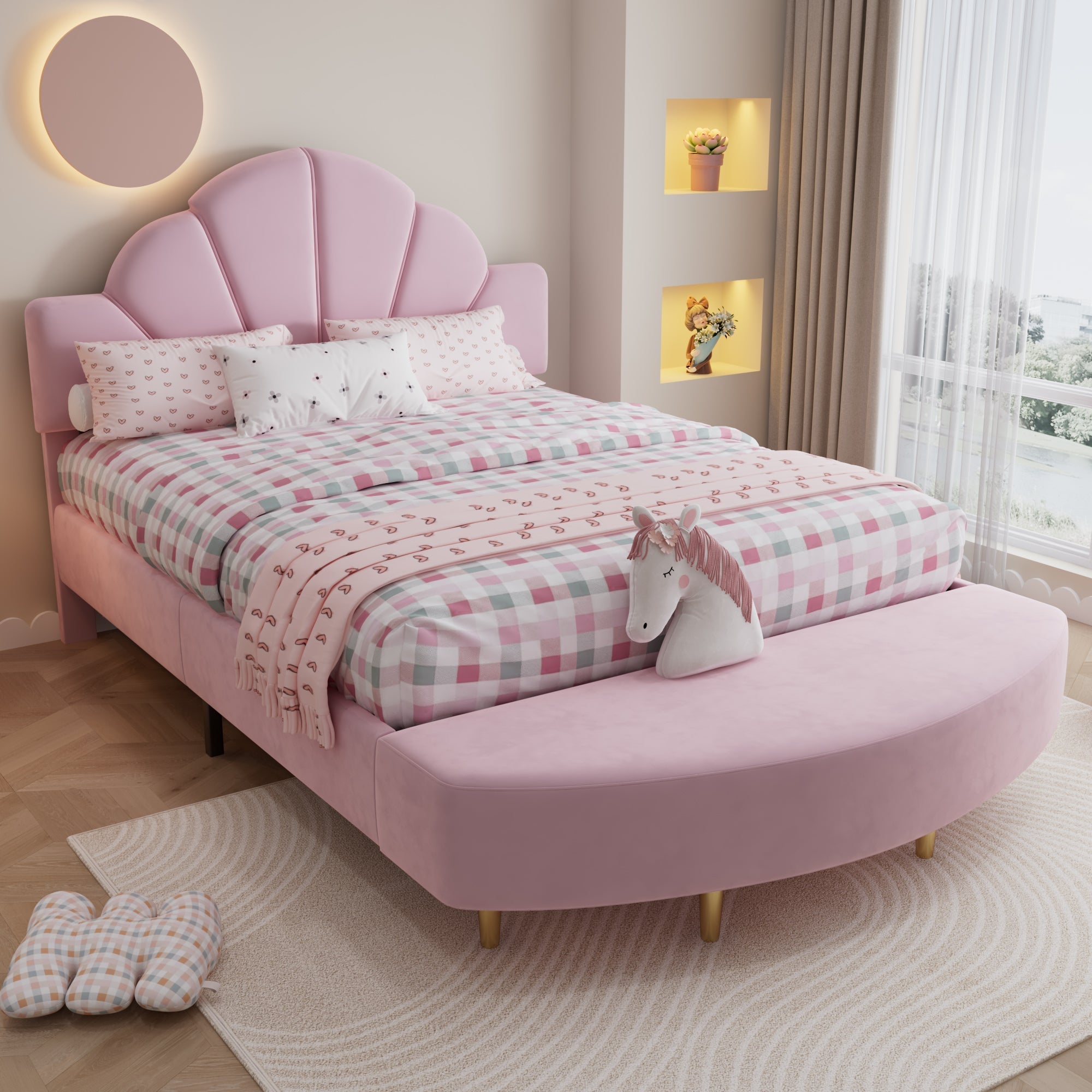 Upholstered Bed 140x200cm Velvet Headboard Matching Bench - Pink Velvet