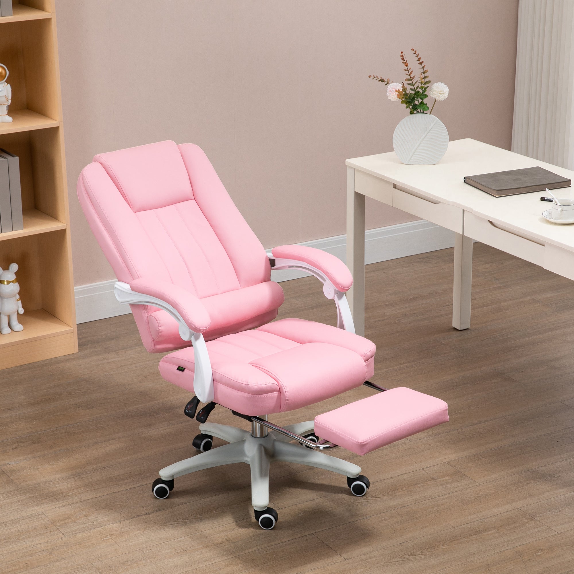 Office Chair Reclining Footrest Casters Adjustable Faux Leather Pink