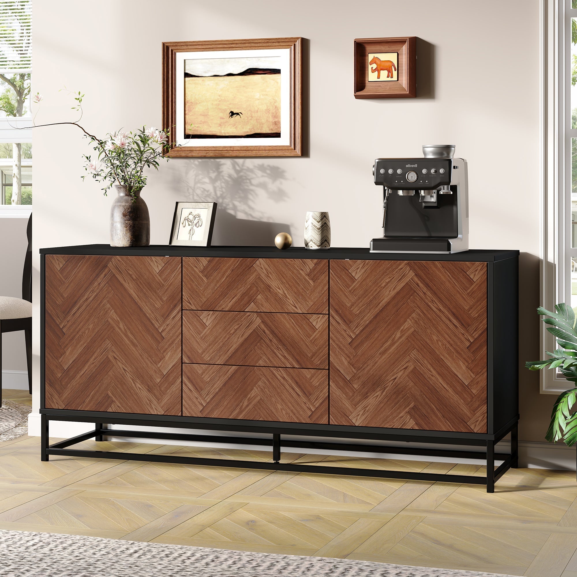 Living Room Sideboard 145cm 3 Drawers 2 Doors Adjustable Dividers - Wood/Black