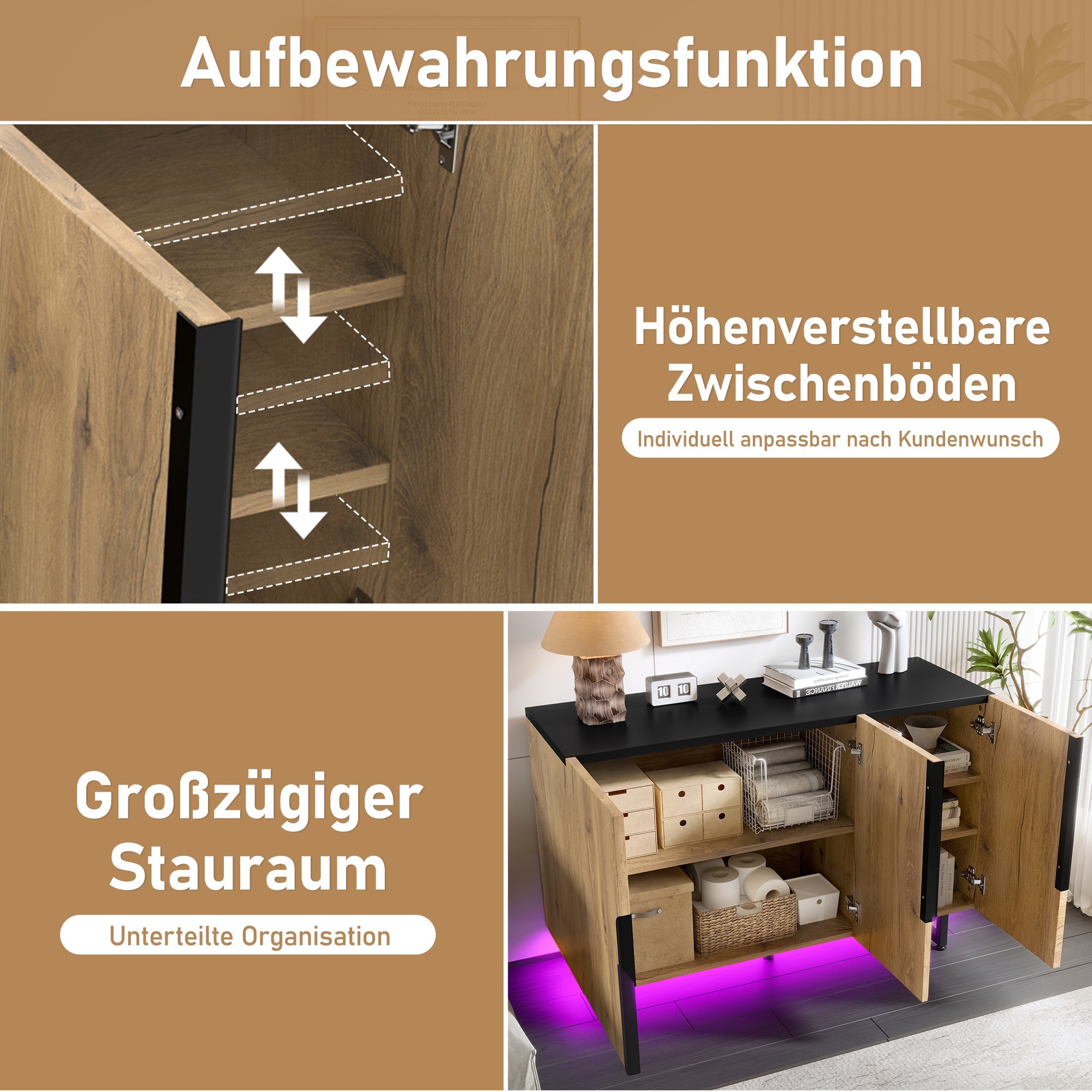 Sideboard, Retro with Integrated LED Lighting, Freestanding, Adjustable Shelves, Stylish Design