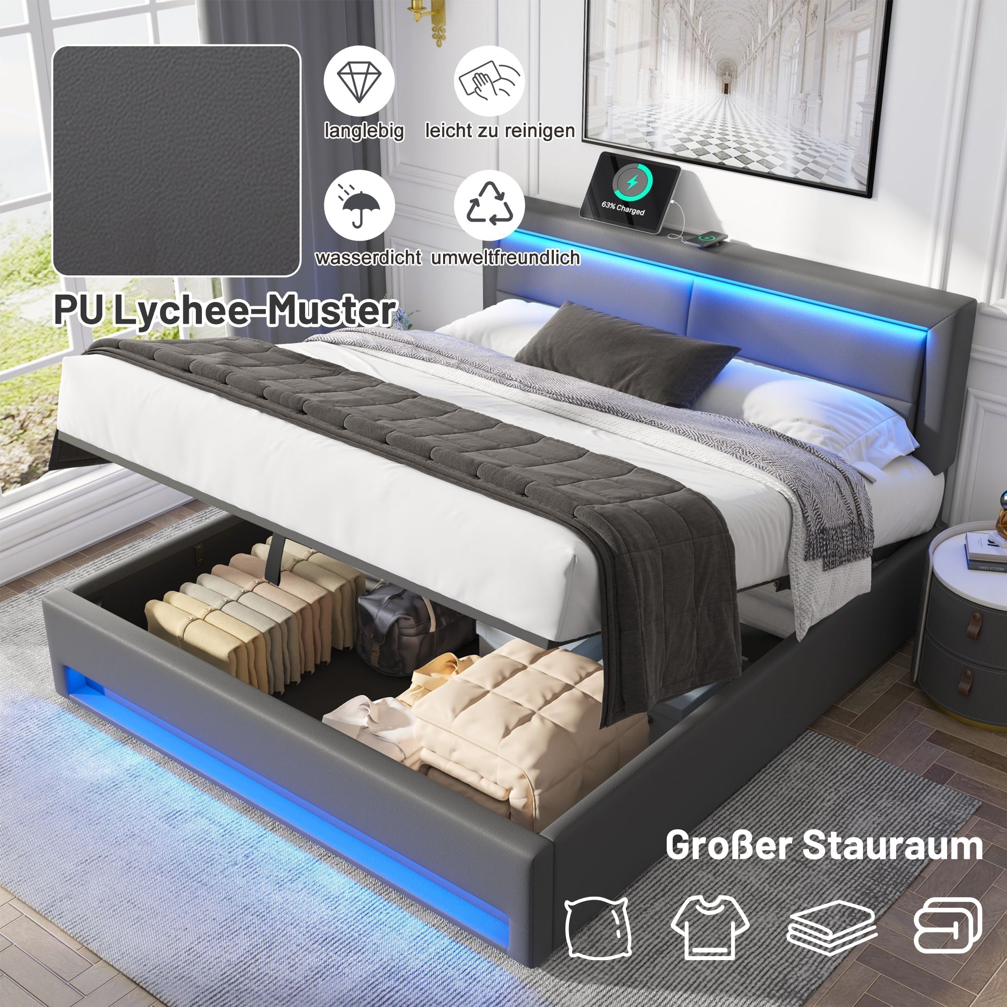 Upholstered Bed 140x200cm USB Charging LED Light Storage PU Lychee Grey