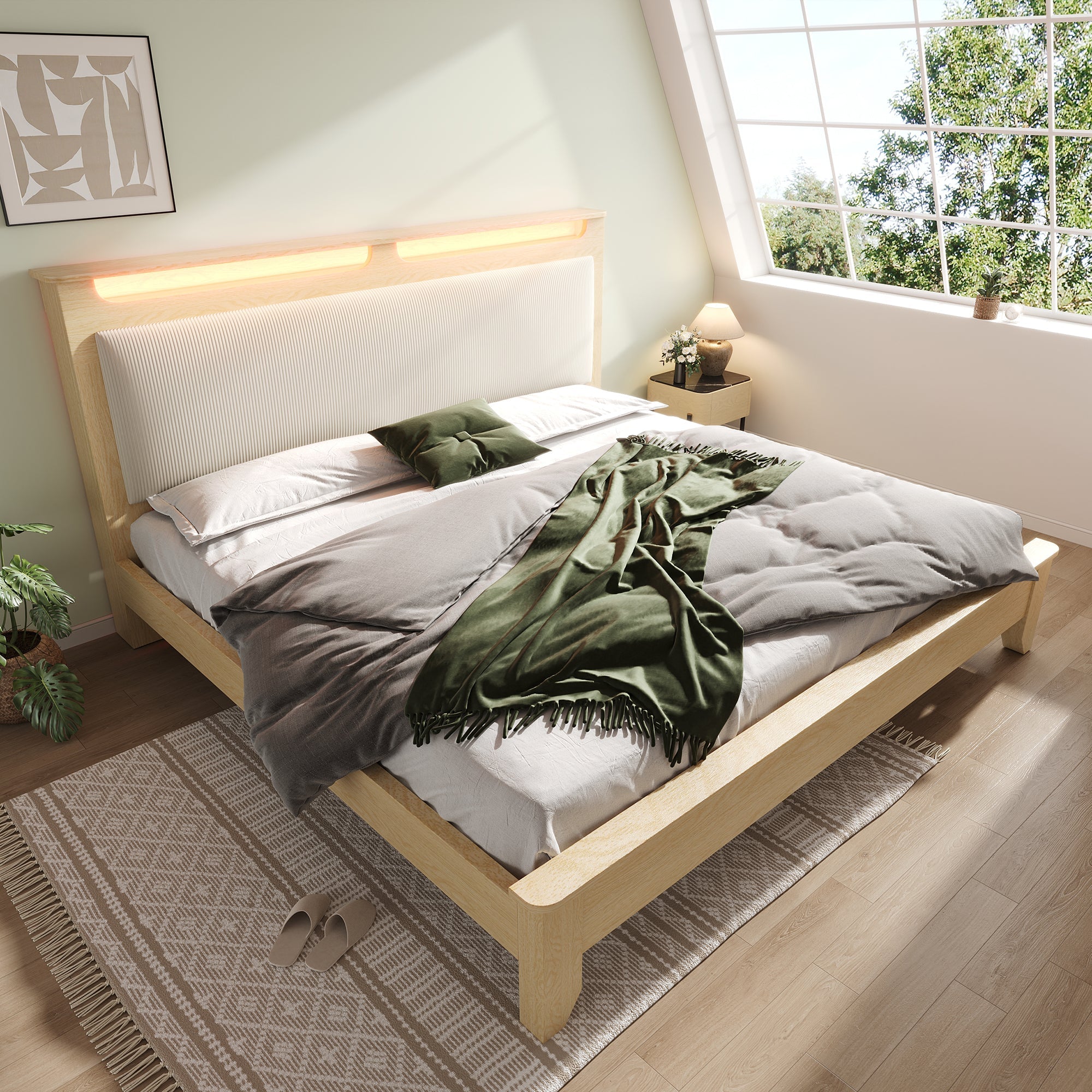 Double Wooden Bed, 160x200cm LED Headboard with Storage, Light Oak