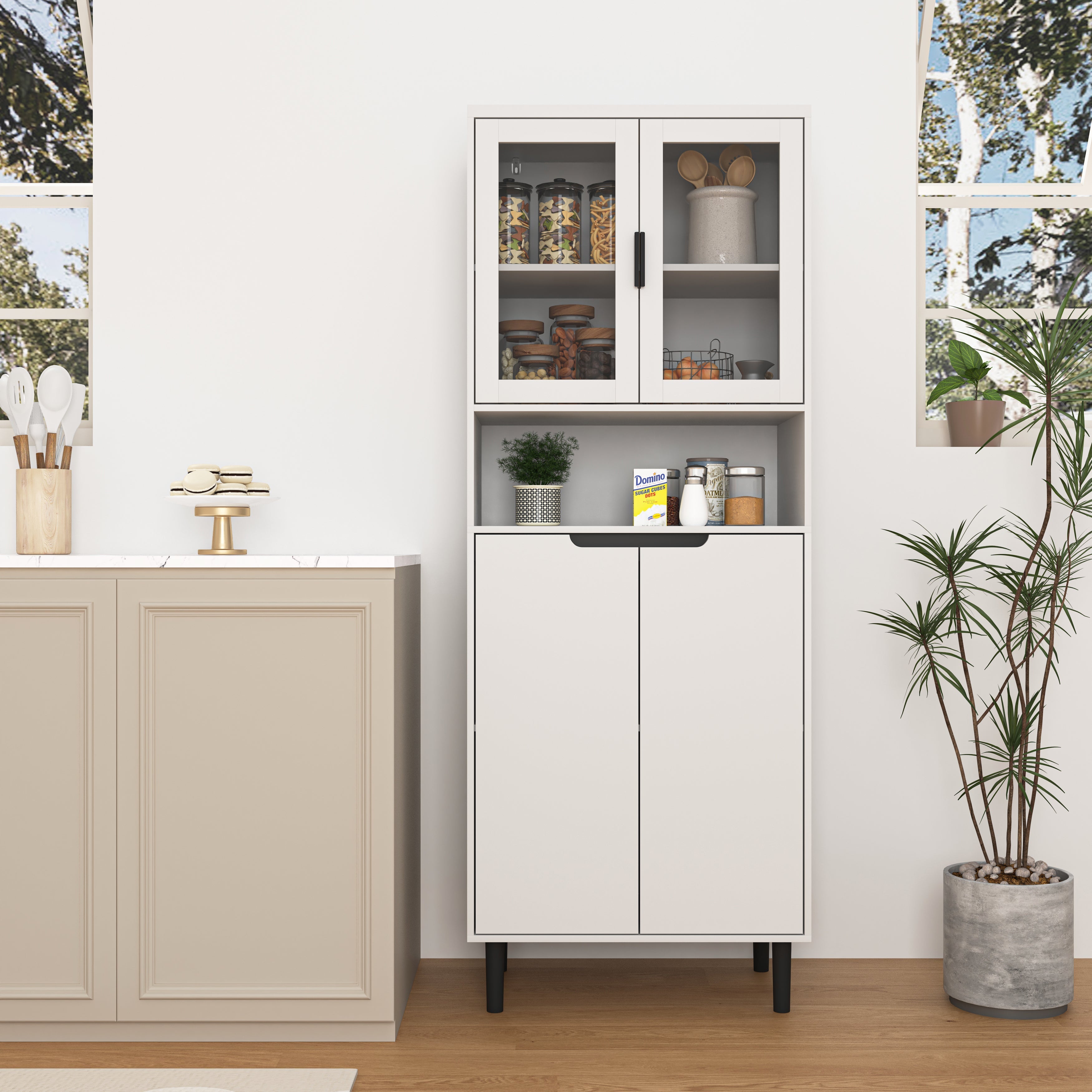 Tall Bookcase 4-Door Tempered Glass Adjustable Shelf - White