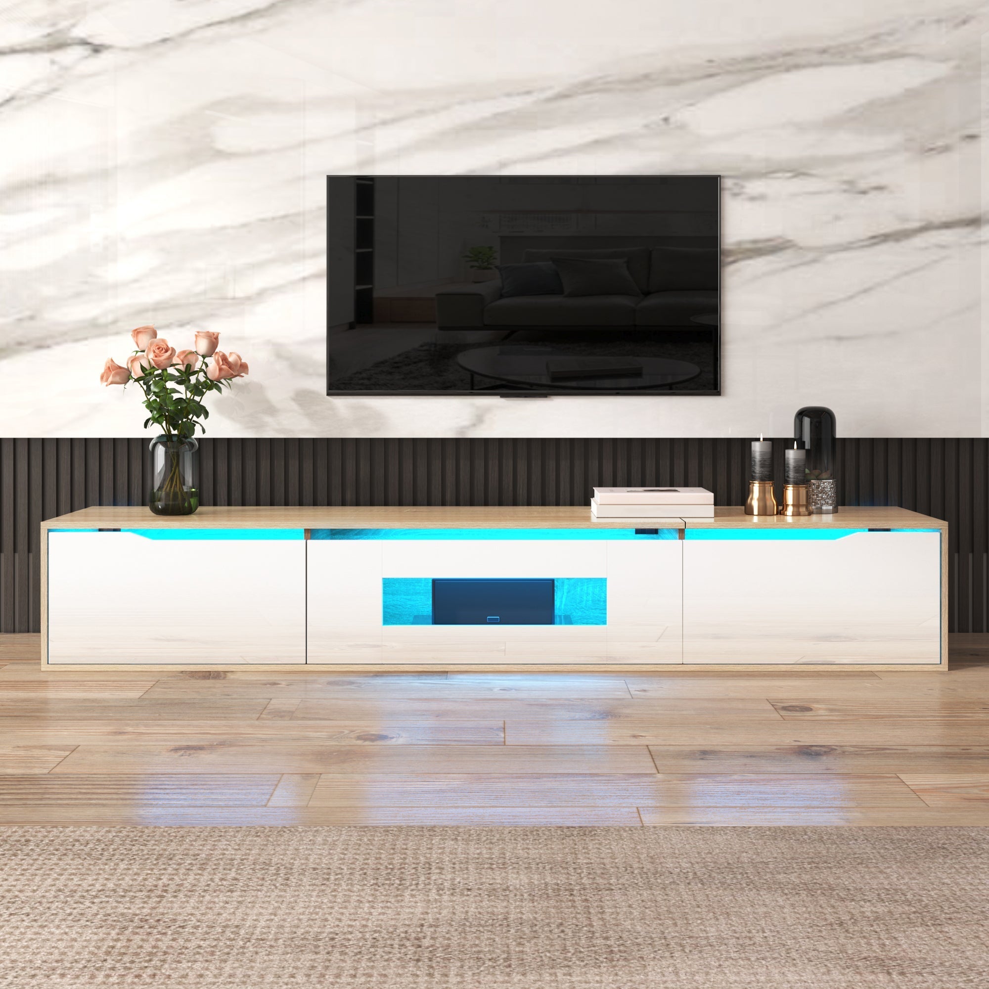 TV cabinet, high gloss, white and wood color, with color changing LED light