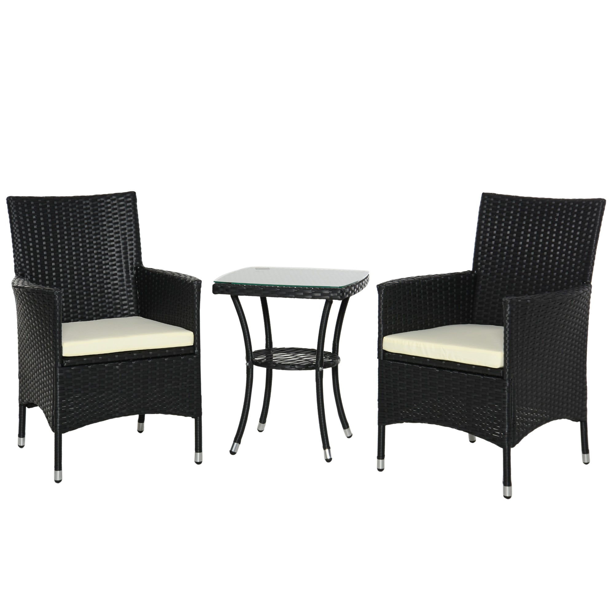 3 Pieces Rattan Bistro Set, 2-Tier Coffee Table and Chairs with Cushions, Black
