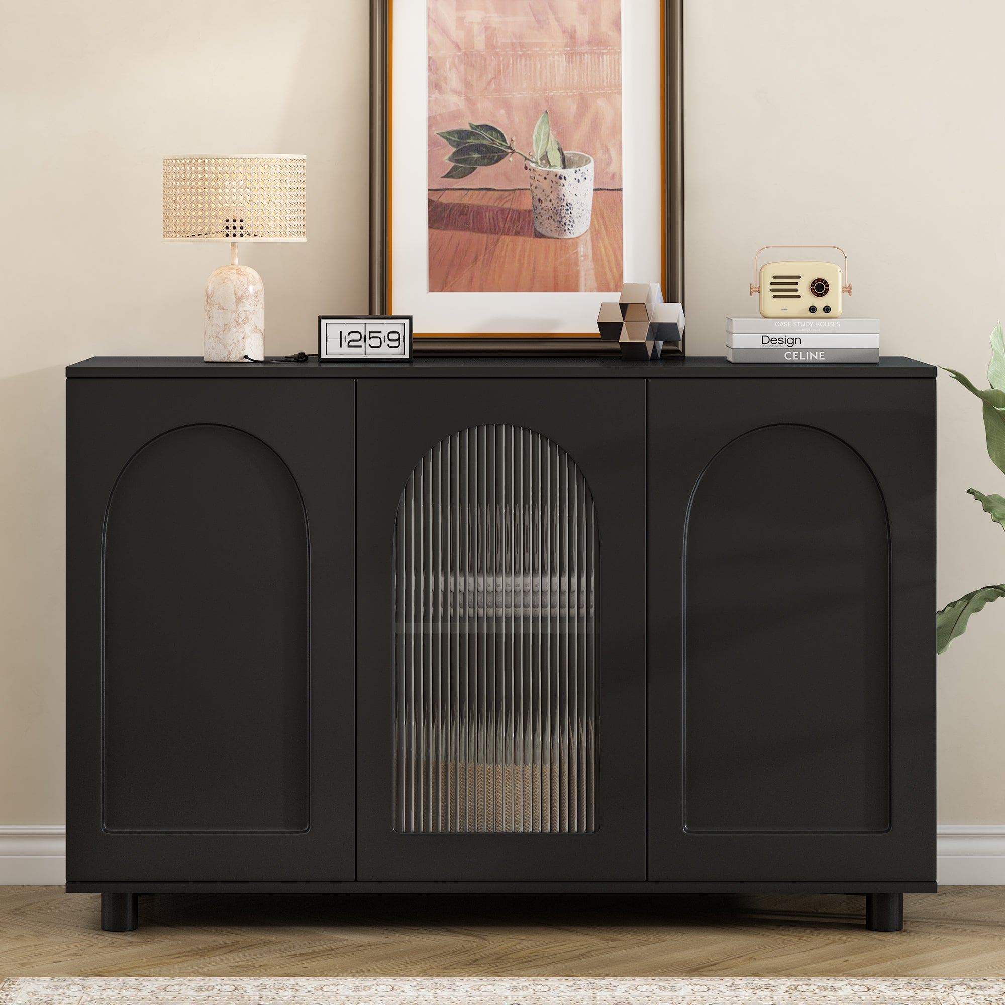 Sideboard U-Shaped Glass Door Rebounder Design - Black