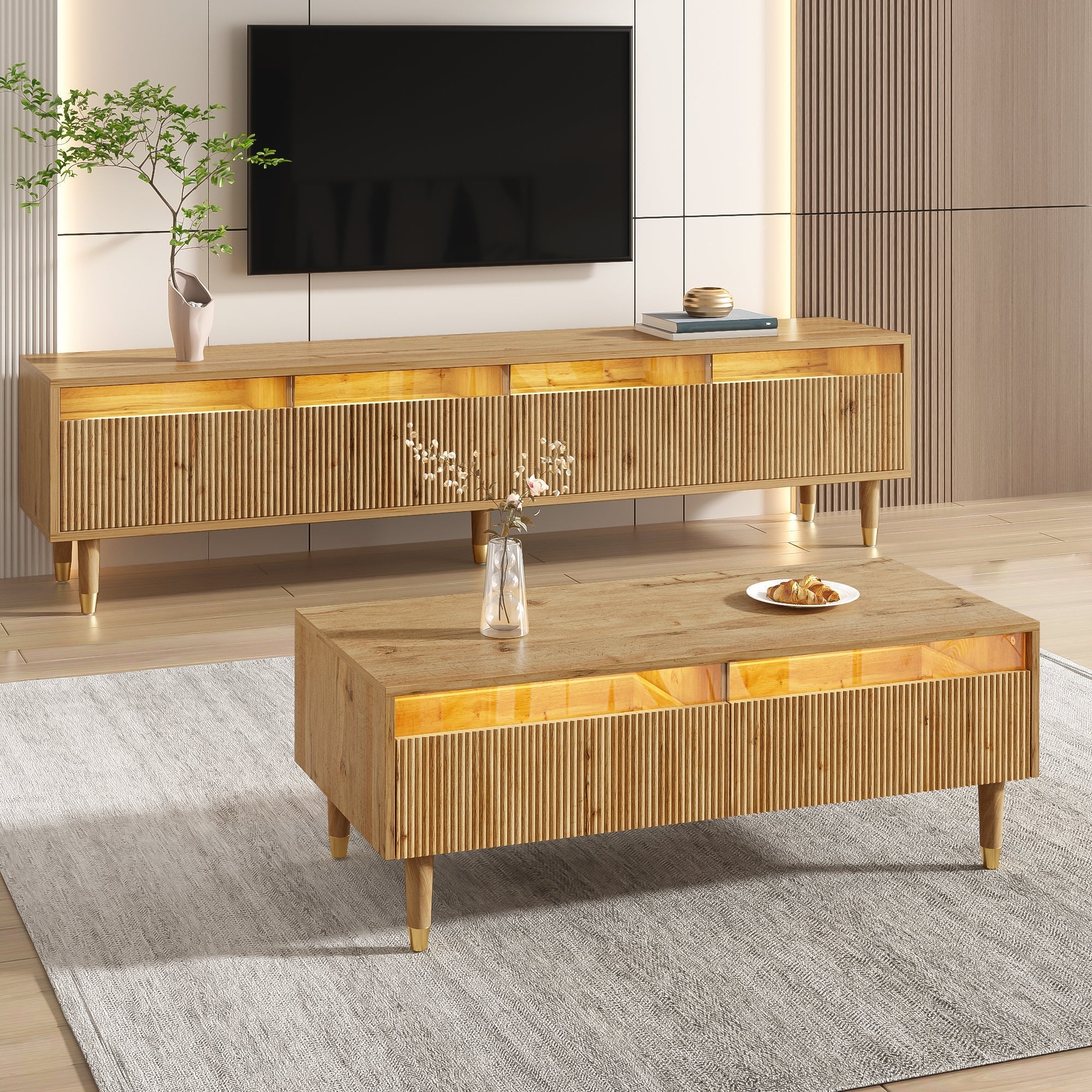 Modern LED Furniture Set: TV Cabinet 4 Doors Coffee Table 2 Drawers, Wood-Gold Design