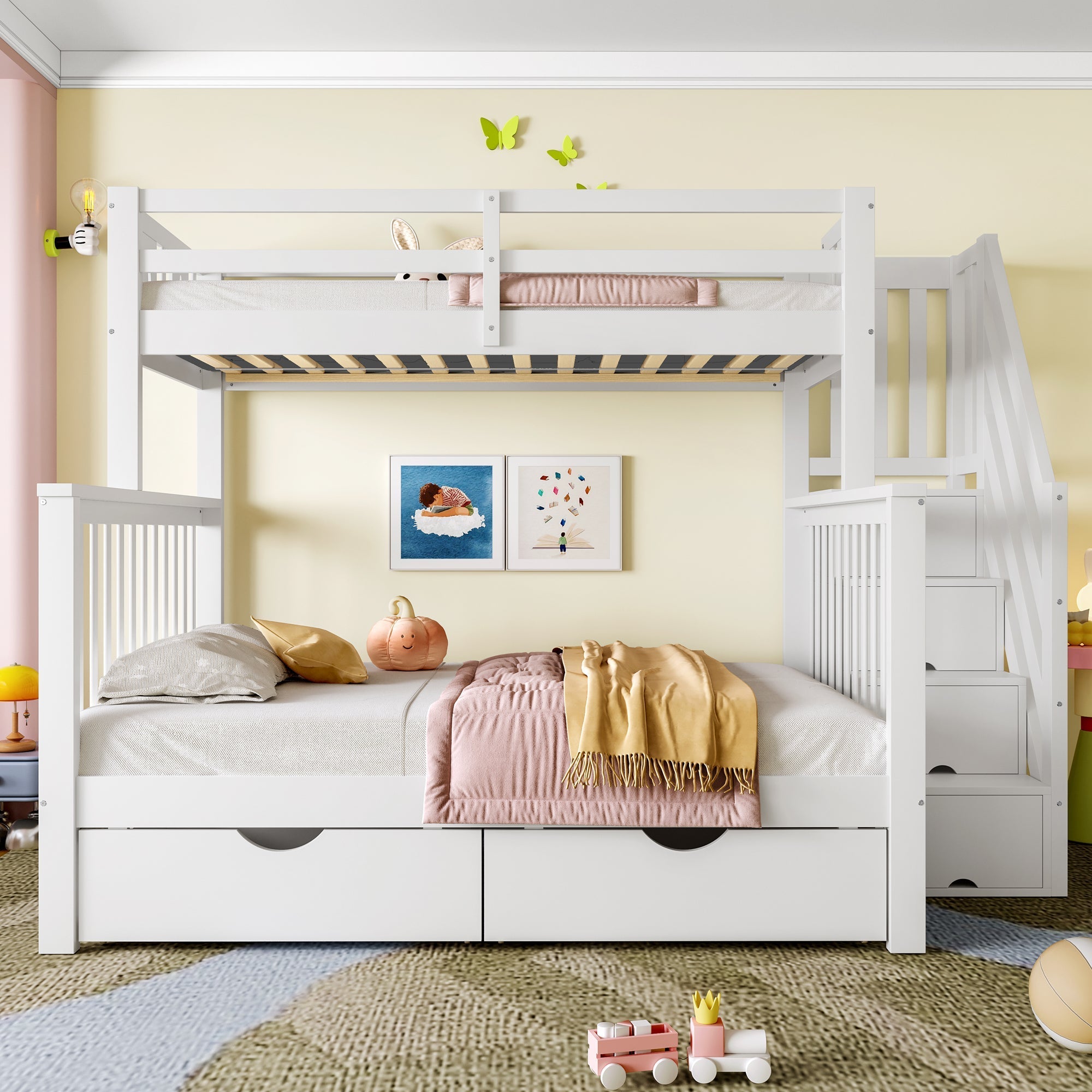 Bunk Beds for Kids, Double High Sleeper Frame with Storage & Guardrail, White