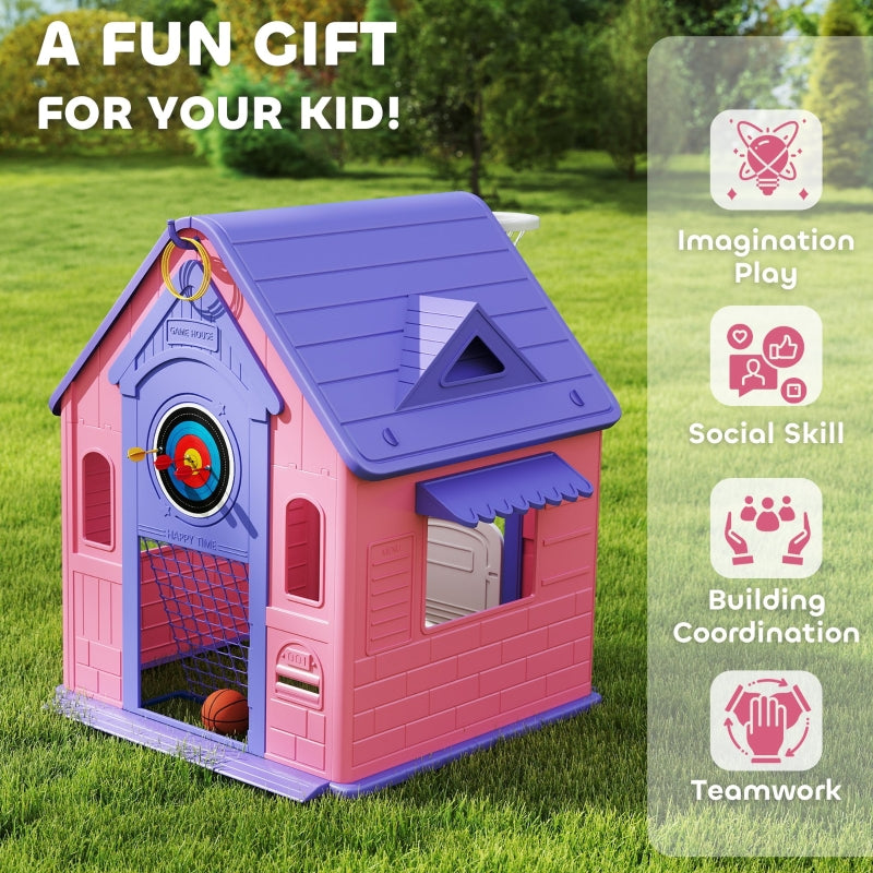 5-in-1 Playhouse Outdoor Indoor Basketball Football Dartboard Ring Toss Pink