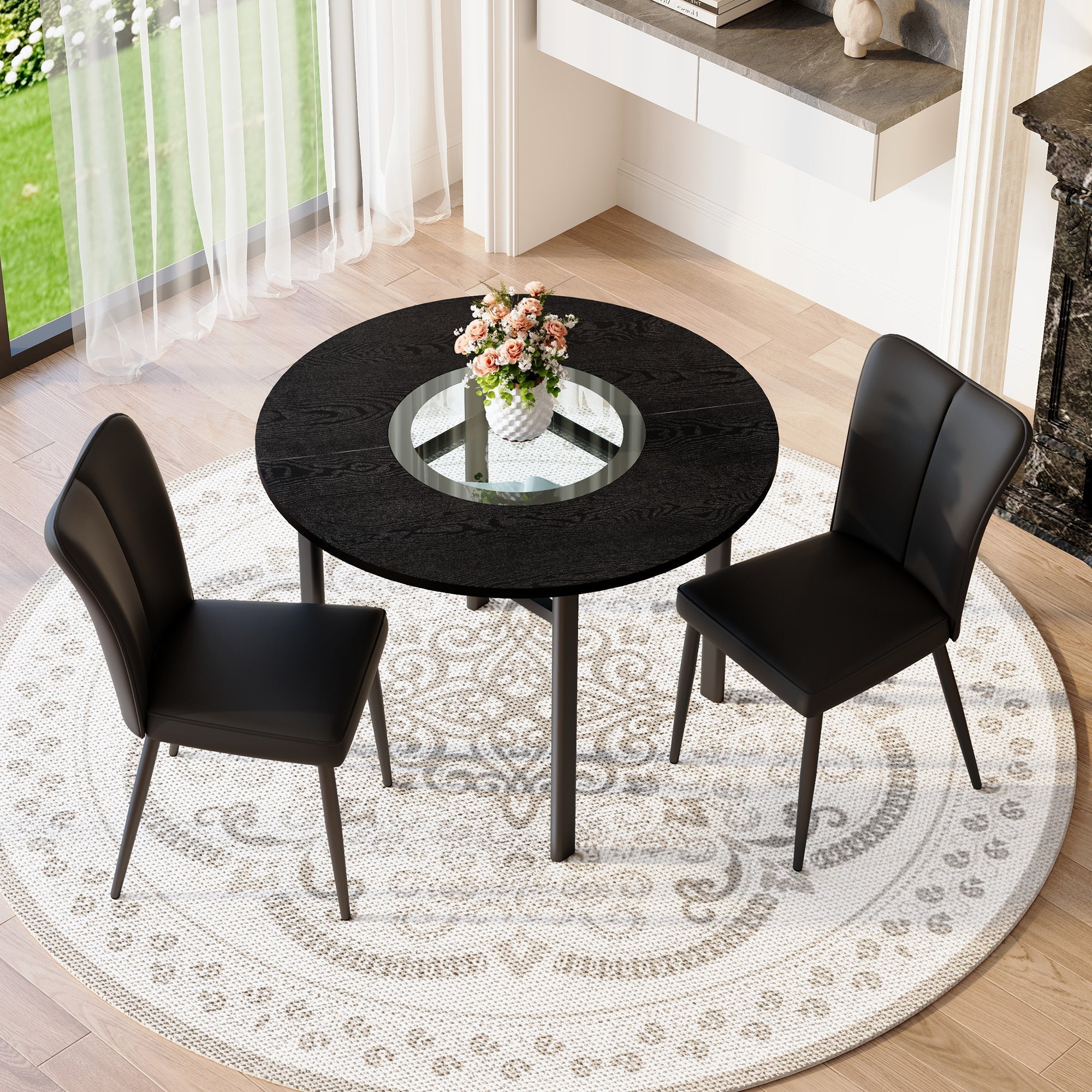 Round Table Set 100cm Diameter Modern Minimalist with 2 Armchairs Black Wood Look