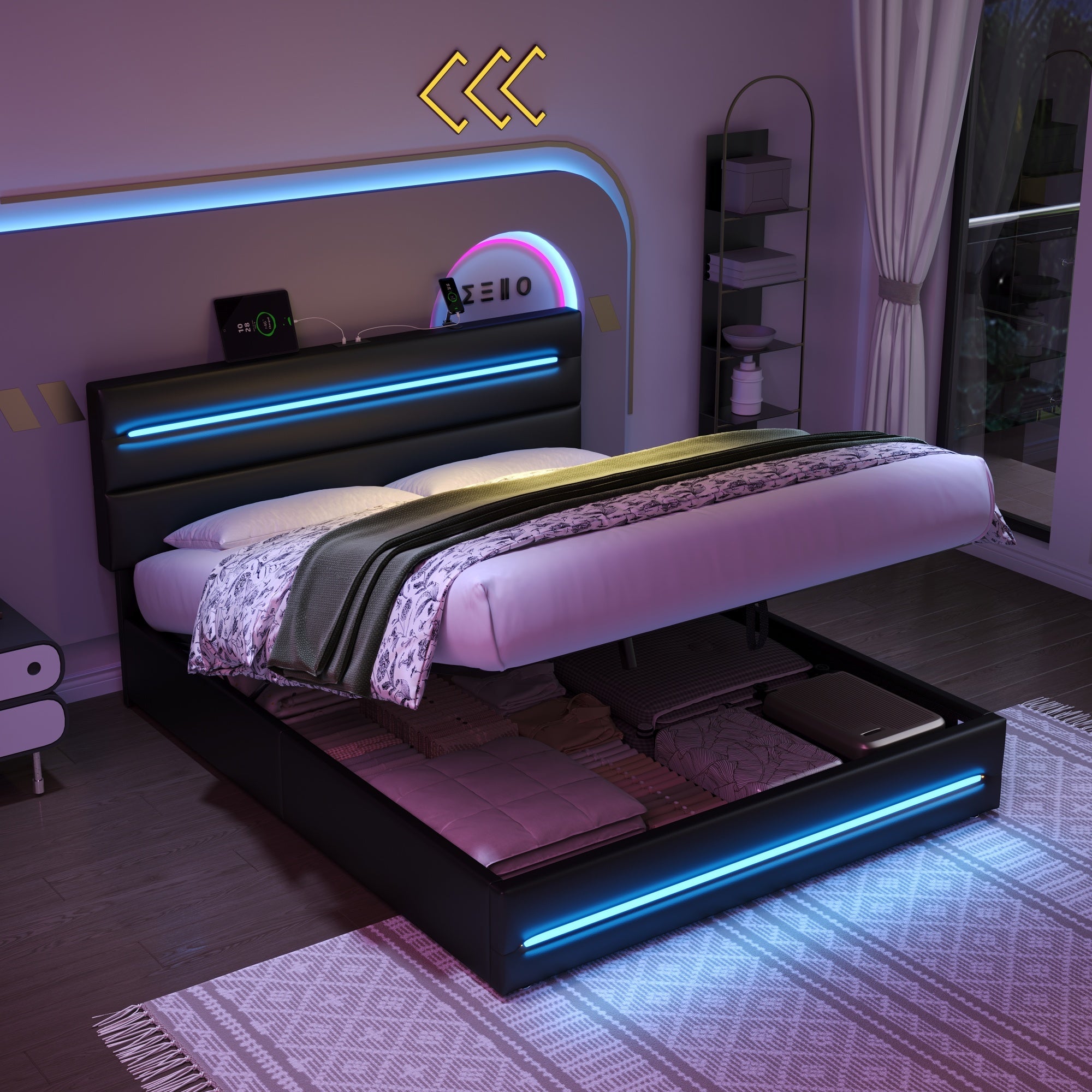 5ft King Upholstered Bed Frame with Hydraulic Storage, LED Lighting and Charging Station, Black PU