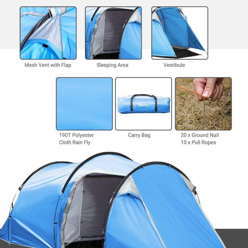 Tunnel Tent 2-3 Man Vestibule Weather-Resistant Camping Light Blue & Grey