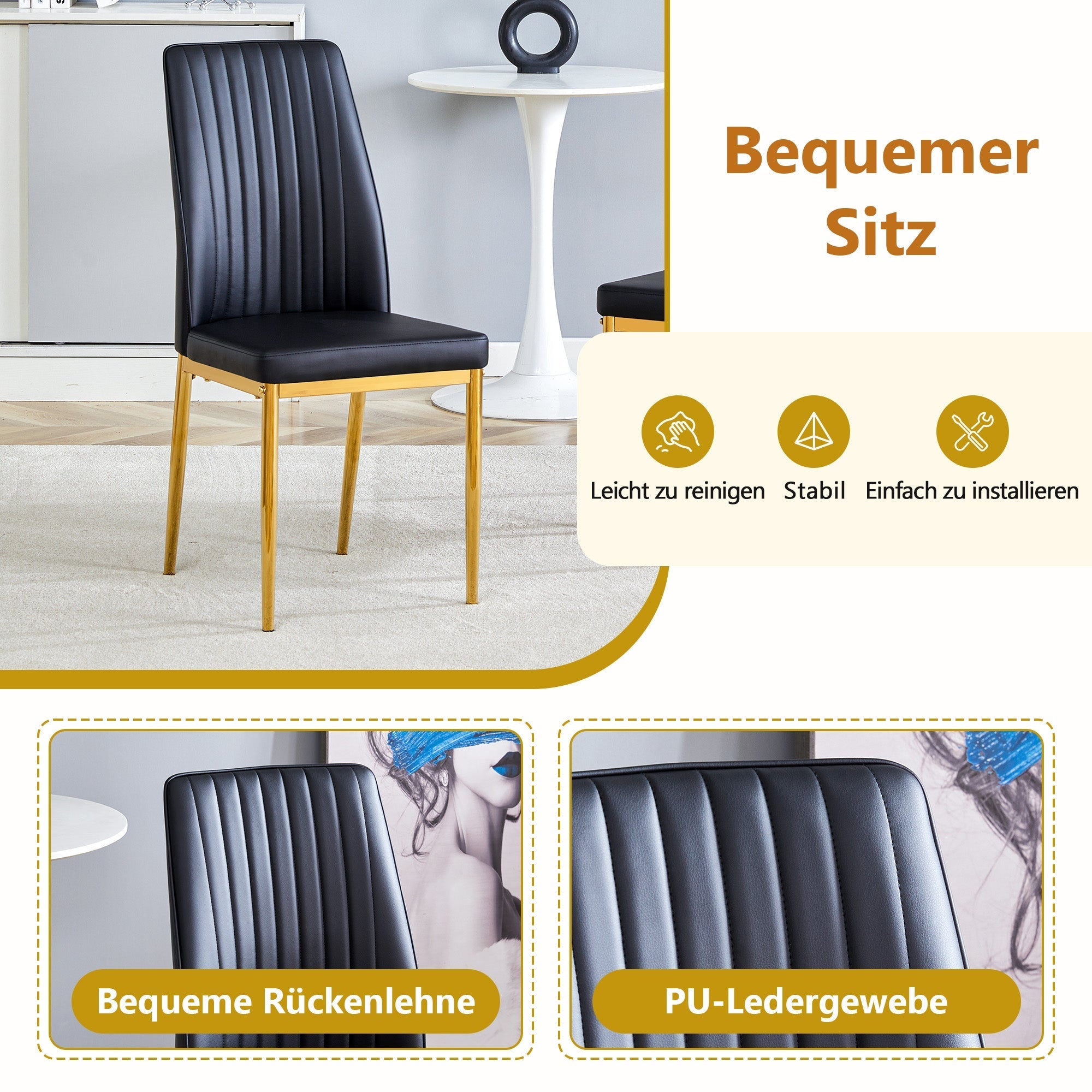Dining Table Set Modern Minimalist Round Glass Table 4 Chairs - Faux Leather Black