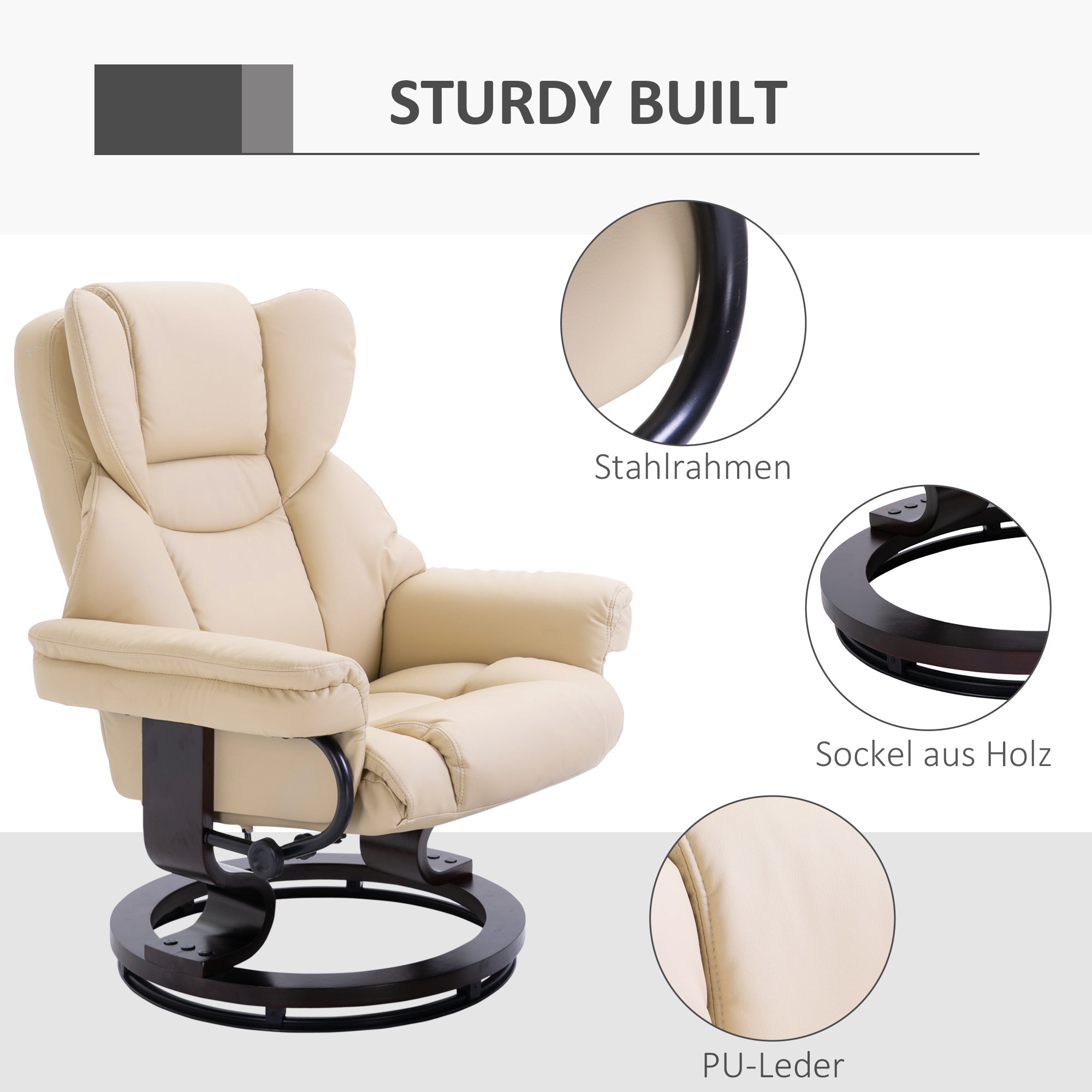 Relaxliegesessel mit Hocker, drehbarer TV-Sessel, Kunstleder Cremefarben