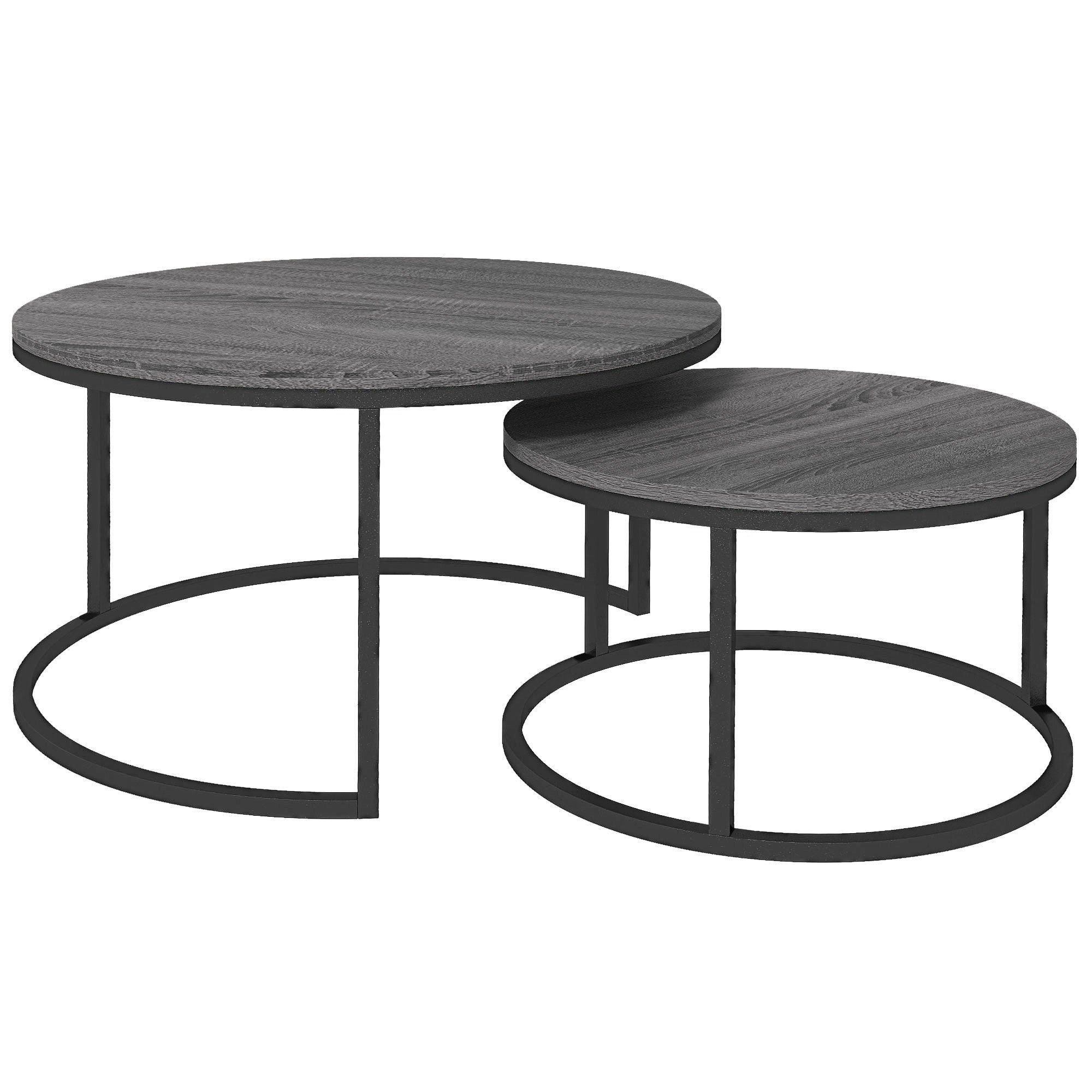 Runder Couchtisch, 2er-Set stapelbare Beistelltische, Holzoptik & Metall, Schwarz