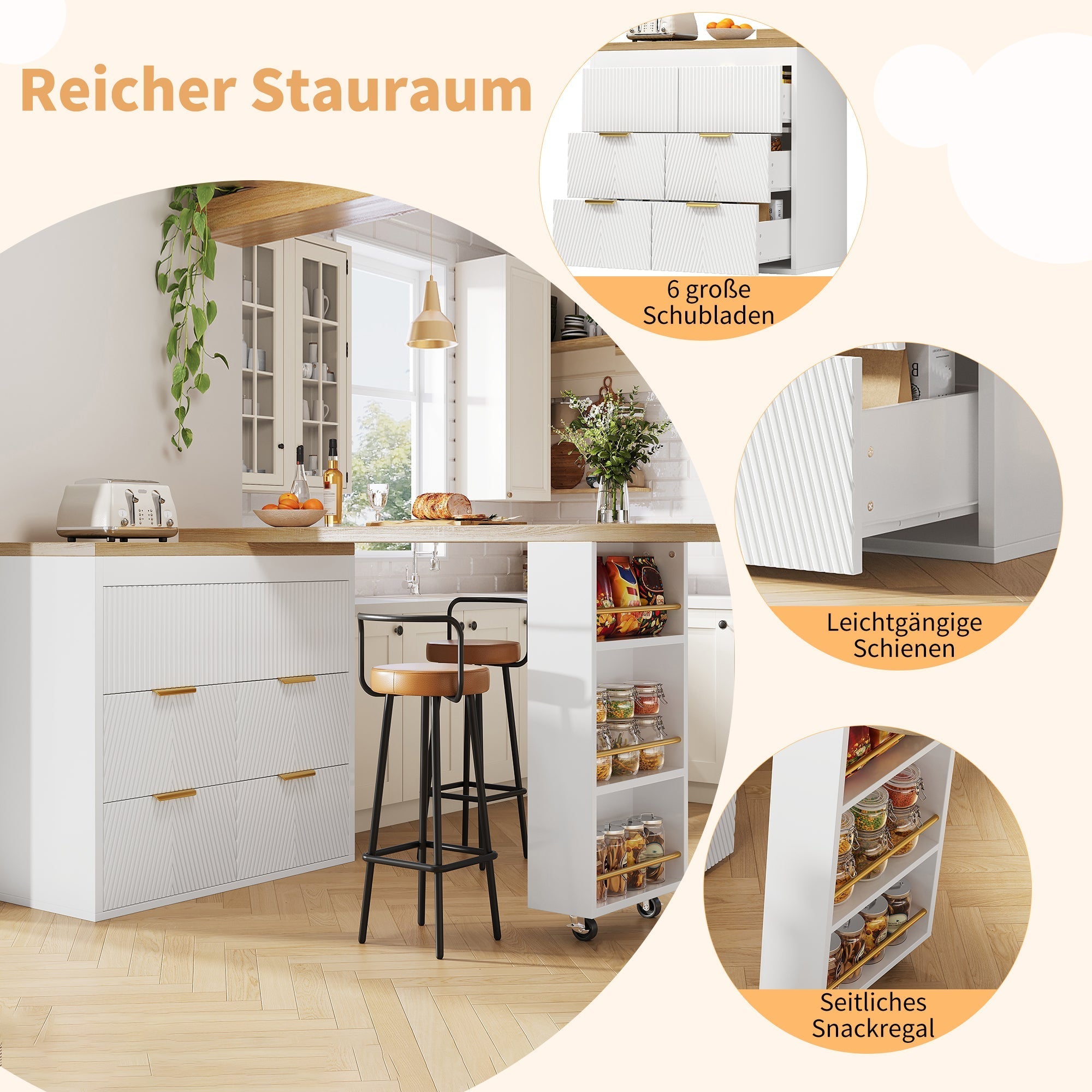 Multifunctional Bar Table with 6 Drawers and 360 Degree Rotation, White