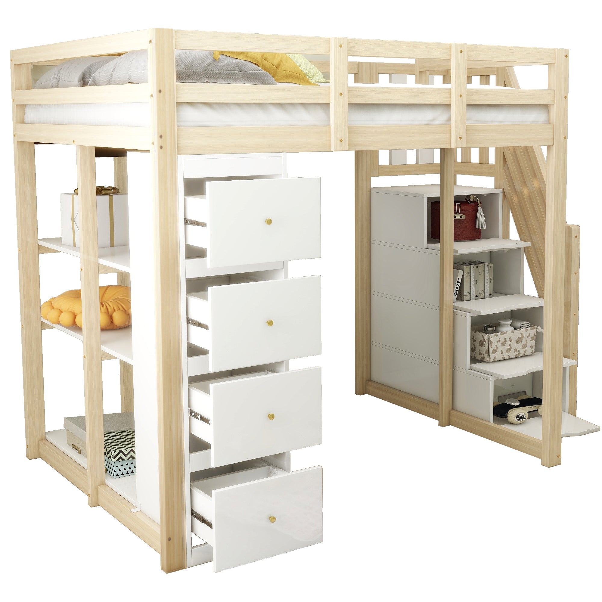 Loft Bed with 4 Drawers and Storage Stairs, 140x200 cm, White and Natural Wood