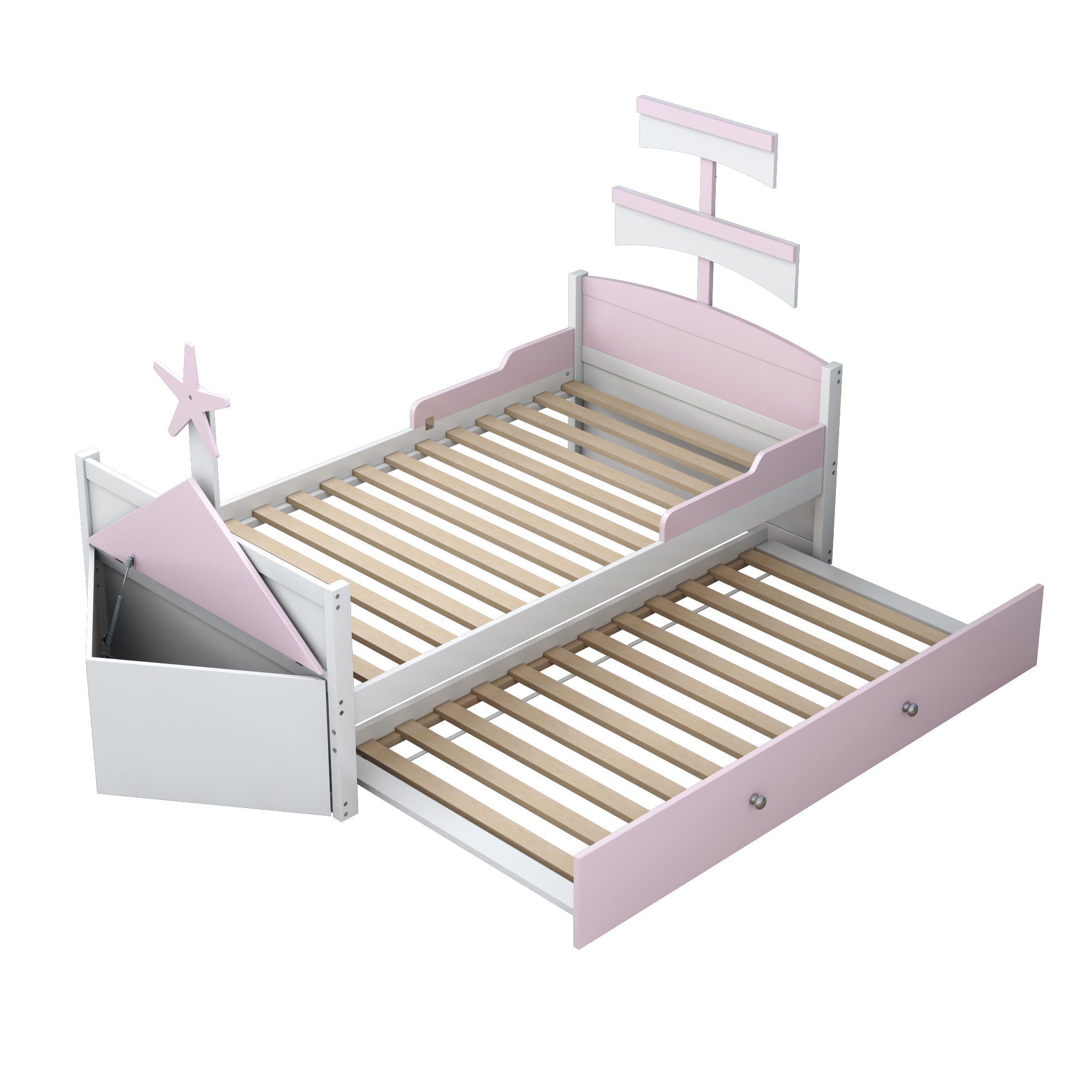 Children's Bed 90*200, Sailboat Shape with Pull-Out Bed & Storage, Pink Wood