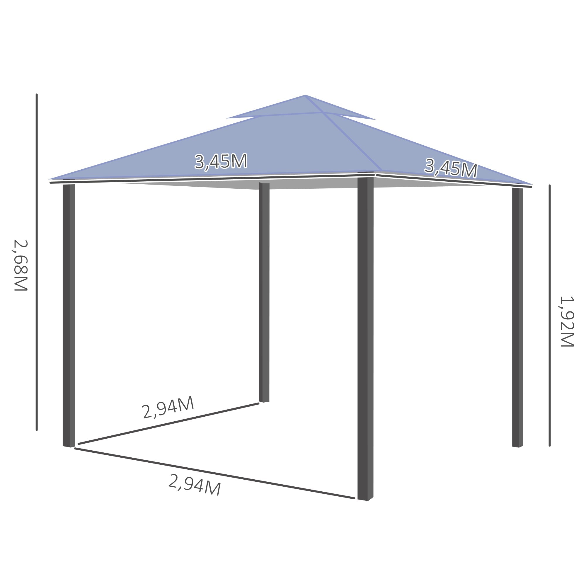 Pavillon Partyzelt, Doppeldach 3.45x3.45m, Metall Polyester Grau