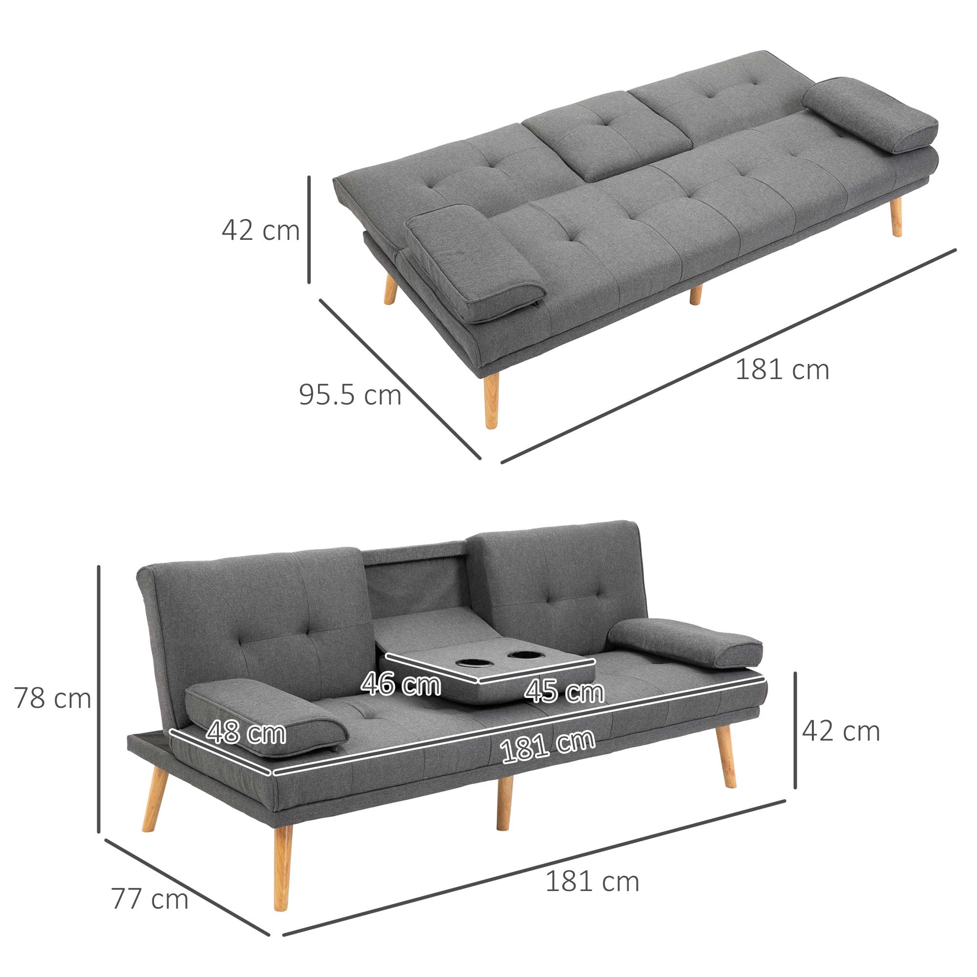 Sofa Bed 3-Seater Fold-Down Table Cup Holder Scandinavian Design, Dark Grey