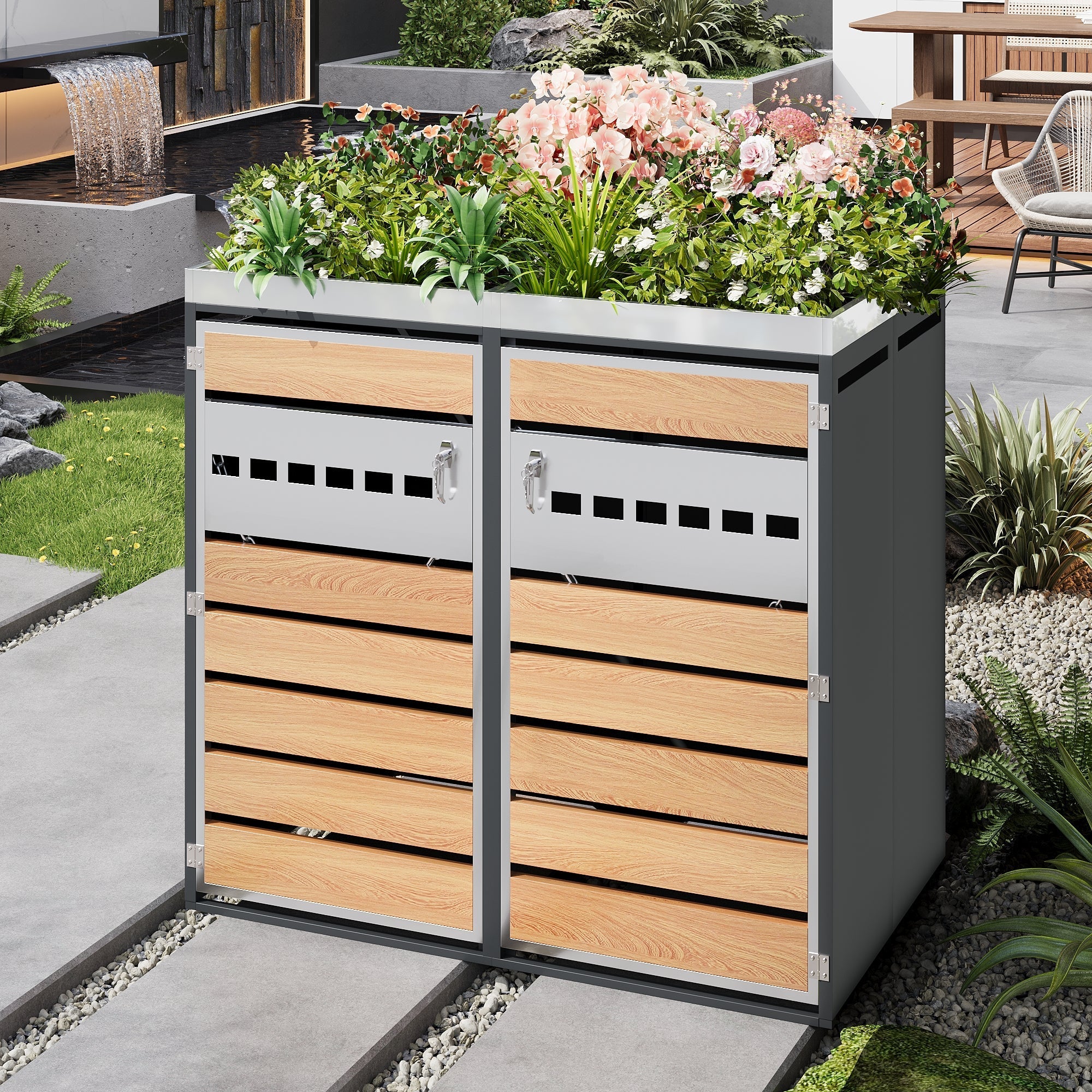 Trash Can Storage Box with Lockable Two Doors and Planting Area, Ventilation, Steel