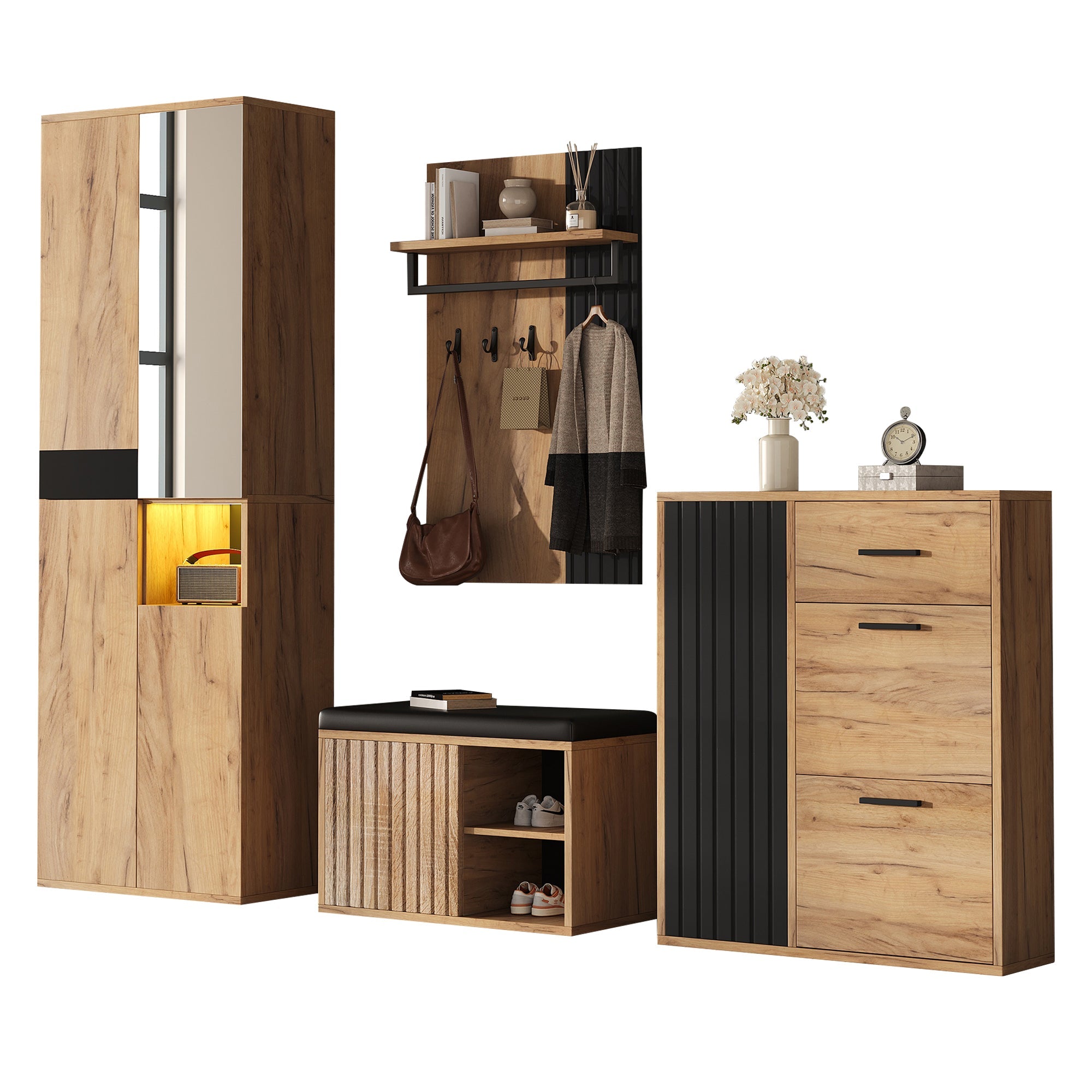 Wardrobe Set 4-Piece Wall-Mounted Coat Rack Shoe Cabinet Shoe Bench, Natural Wood/Black