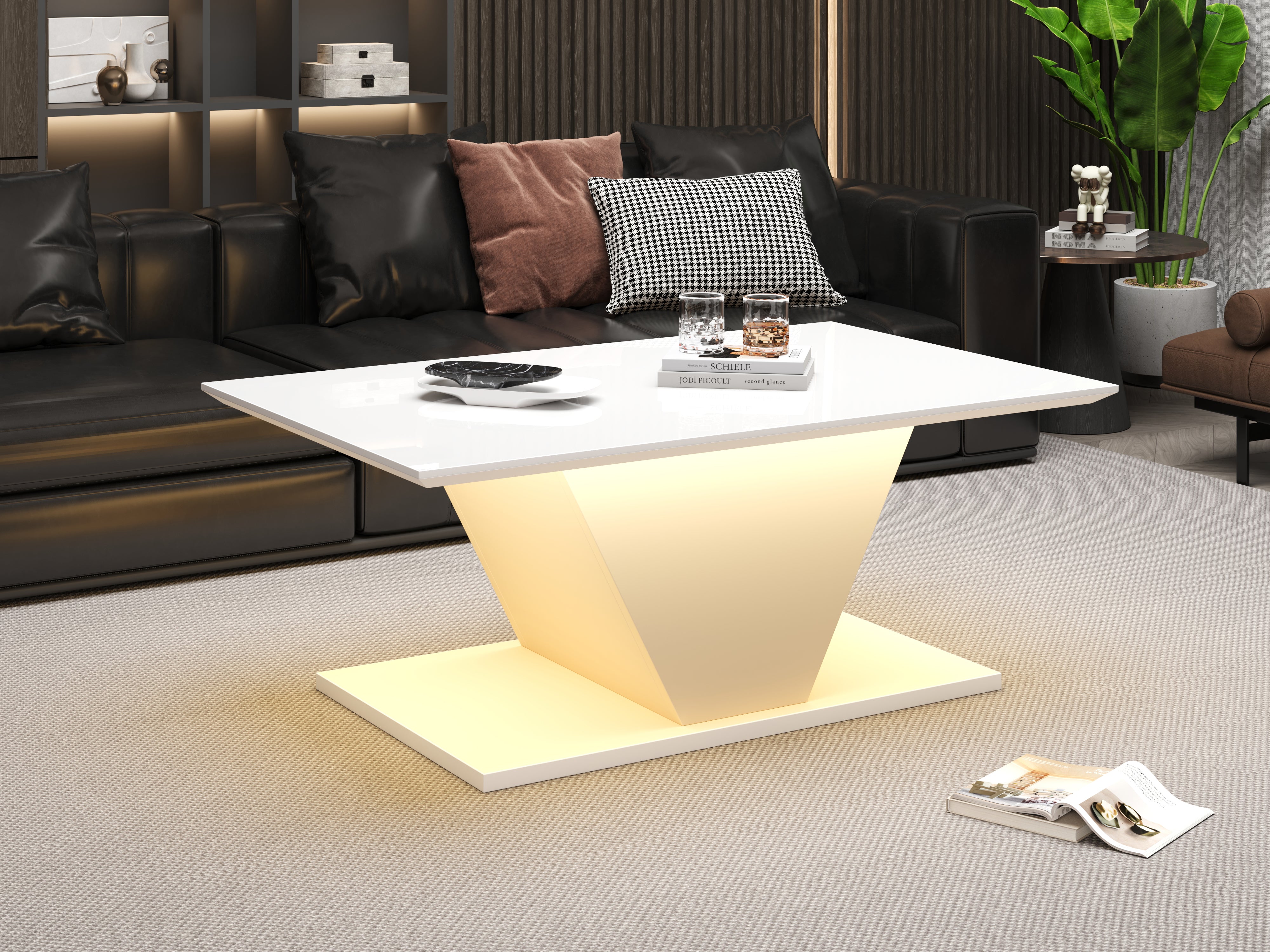 Coffee Table 100x50x46cm Special Shape LED High-Gloss White V-Shape