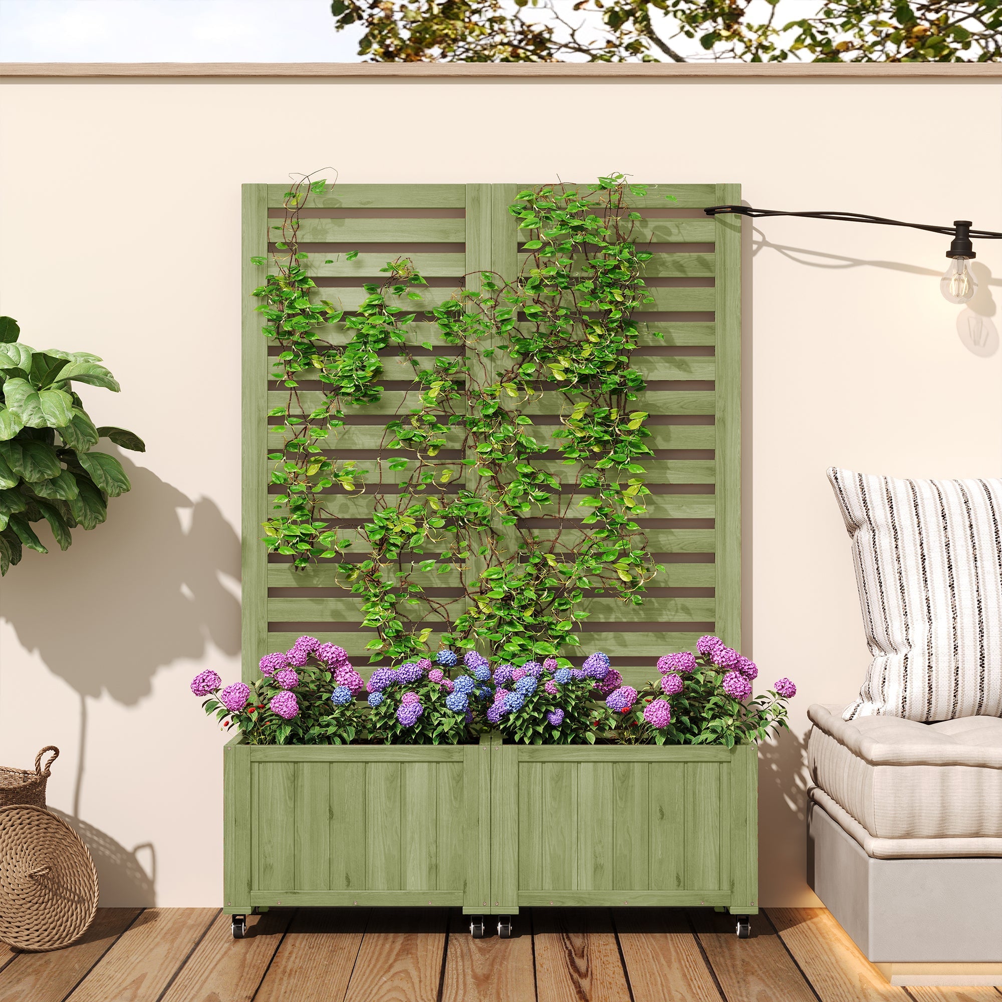 Outdoor Planter Box with Trellis and Folding Universal Wheels