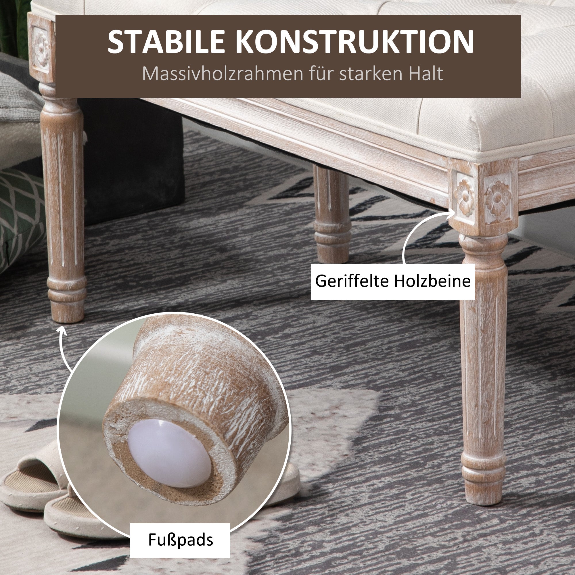 Upholstered Bench Footstool Padded Seat Wooden Legs, Linen Look Cream White