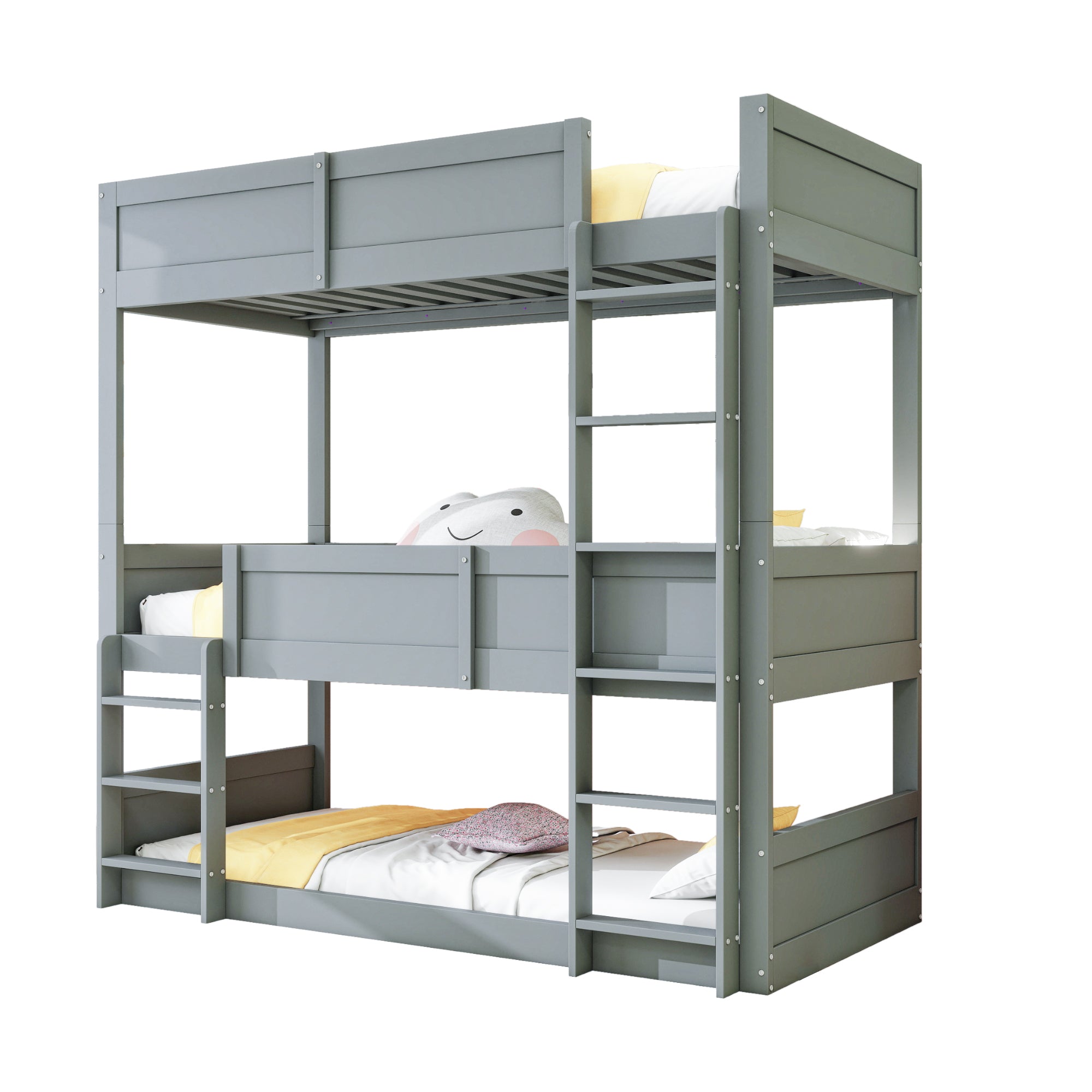 Triple Bedroom Bed 90x200cm Bunk High Fence Solid Wood, Grey
