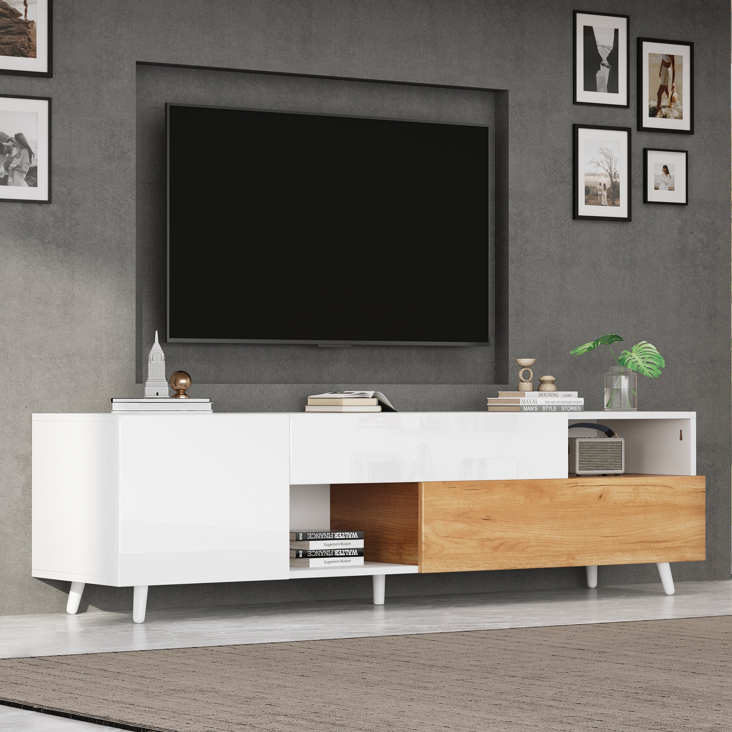 TV Cabinet, 180cm Lowboard with 1 Drawer & 7 Compartments, High-Gloss Finish
