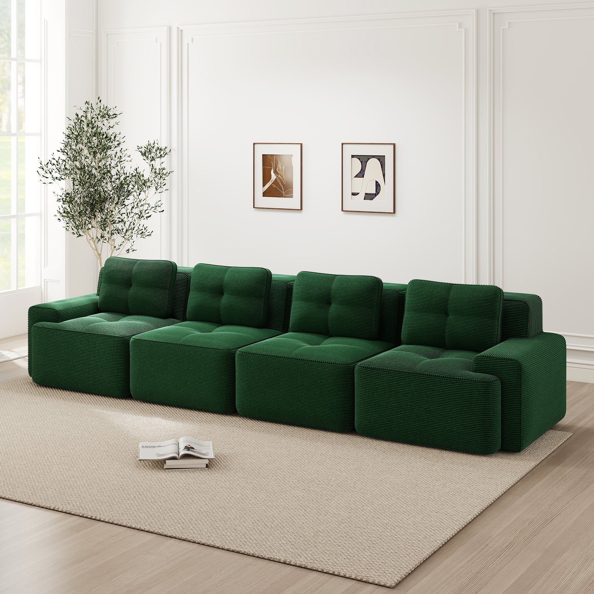Modular Sofa 4-Seater Deep Seat Corduroy Assembly-Free - Green