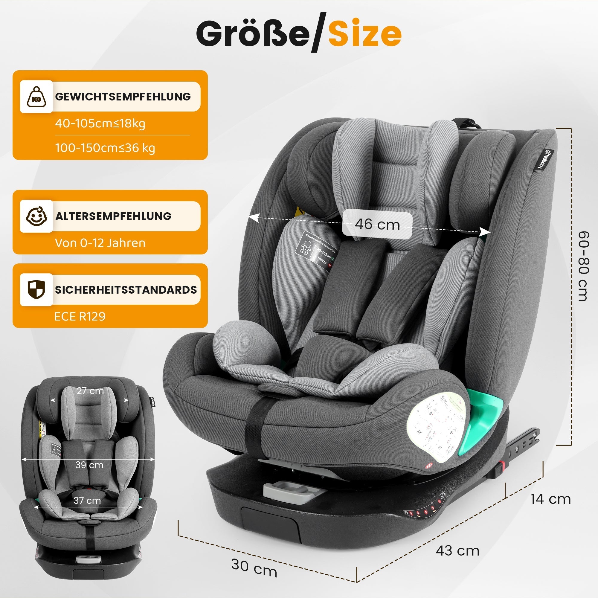 Child Car Seat 360° Rotating ISOFIX i-Size 40-150cm - Grey