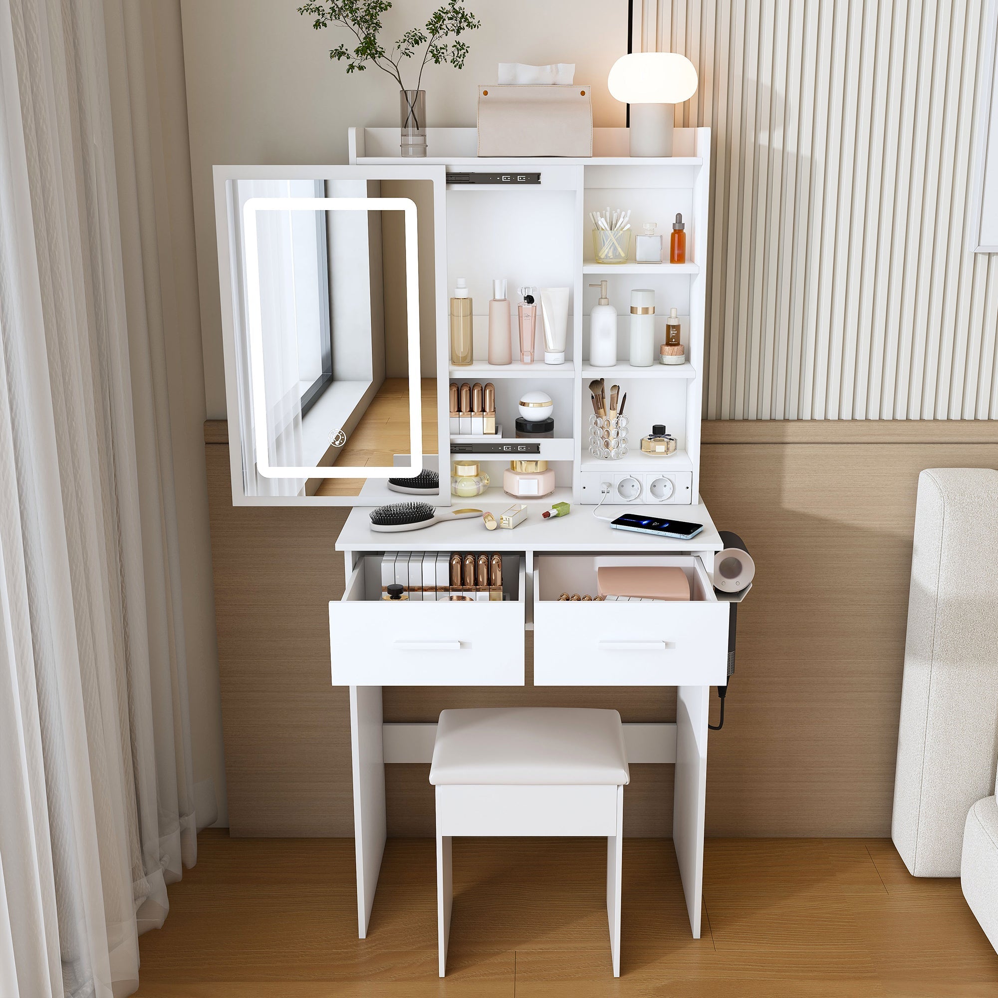 Dressing Table, Small with LED Mirror, Stool, Hidden Storage, White