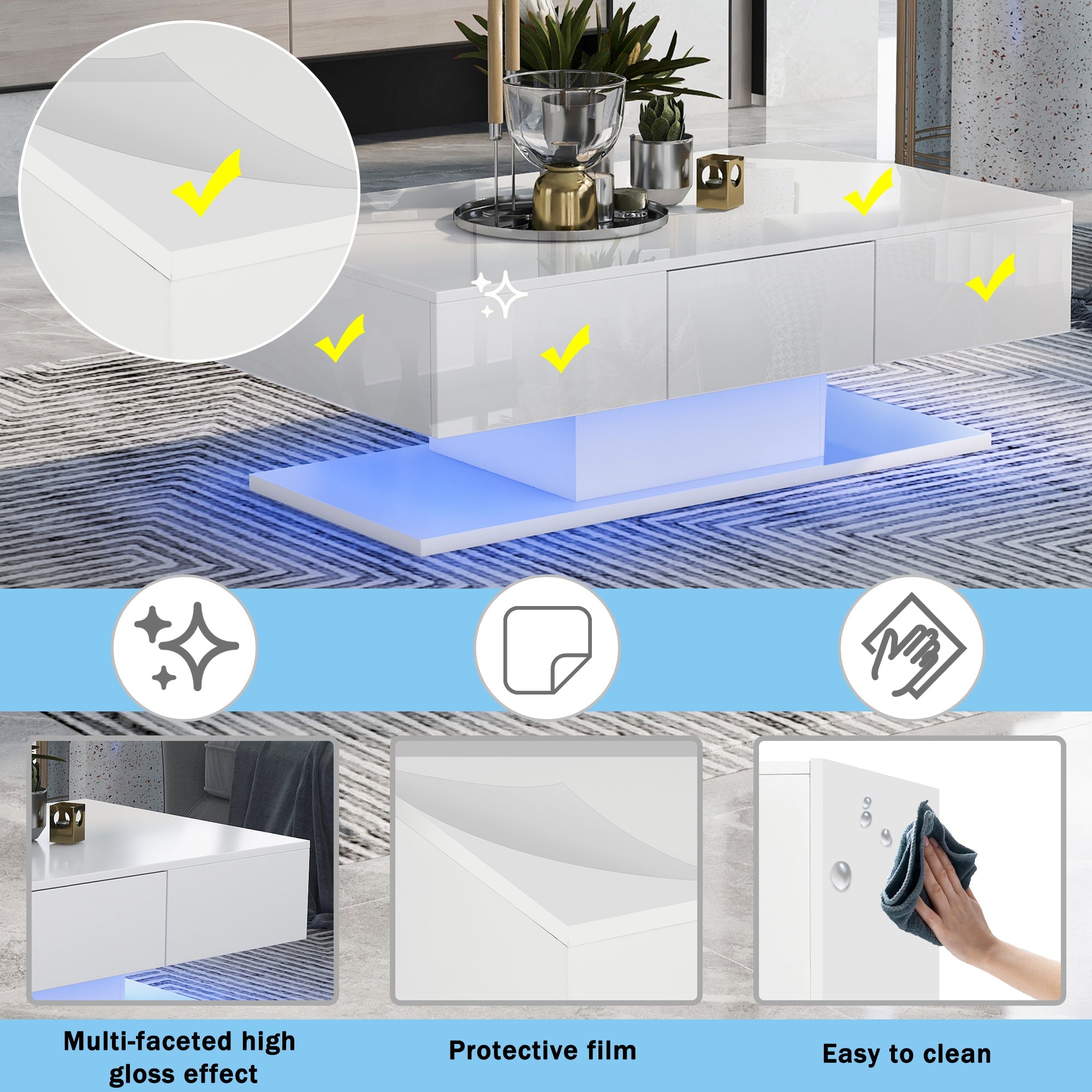 Tea Table, High Gloss Sofa Desk with 2 Drawers, 100cm White