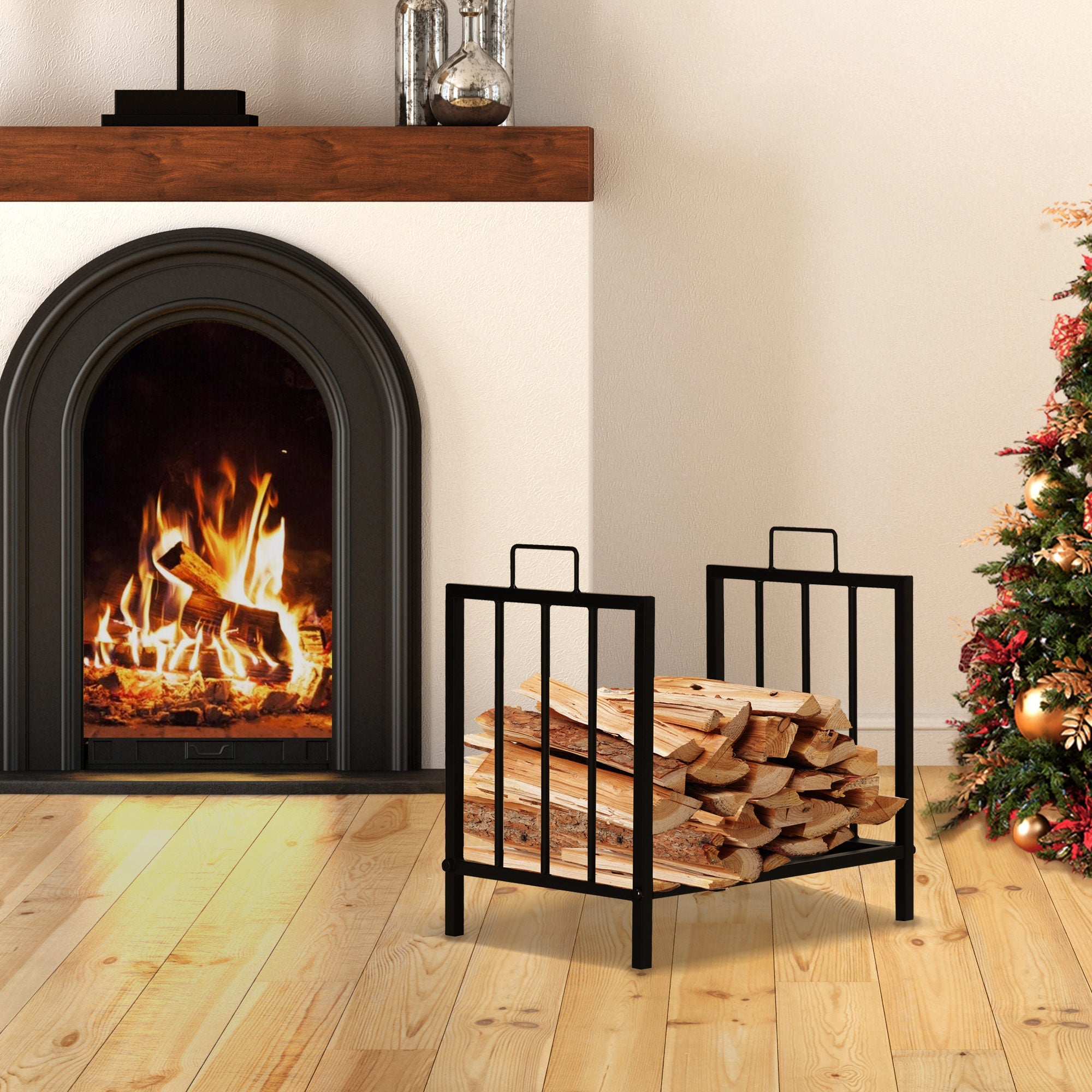 Firewood Rack, 50 kg Load Capacity, 2 Handles, Black