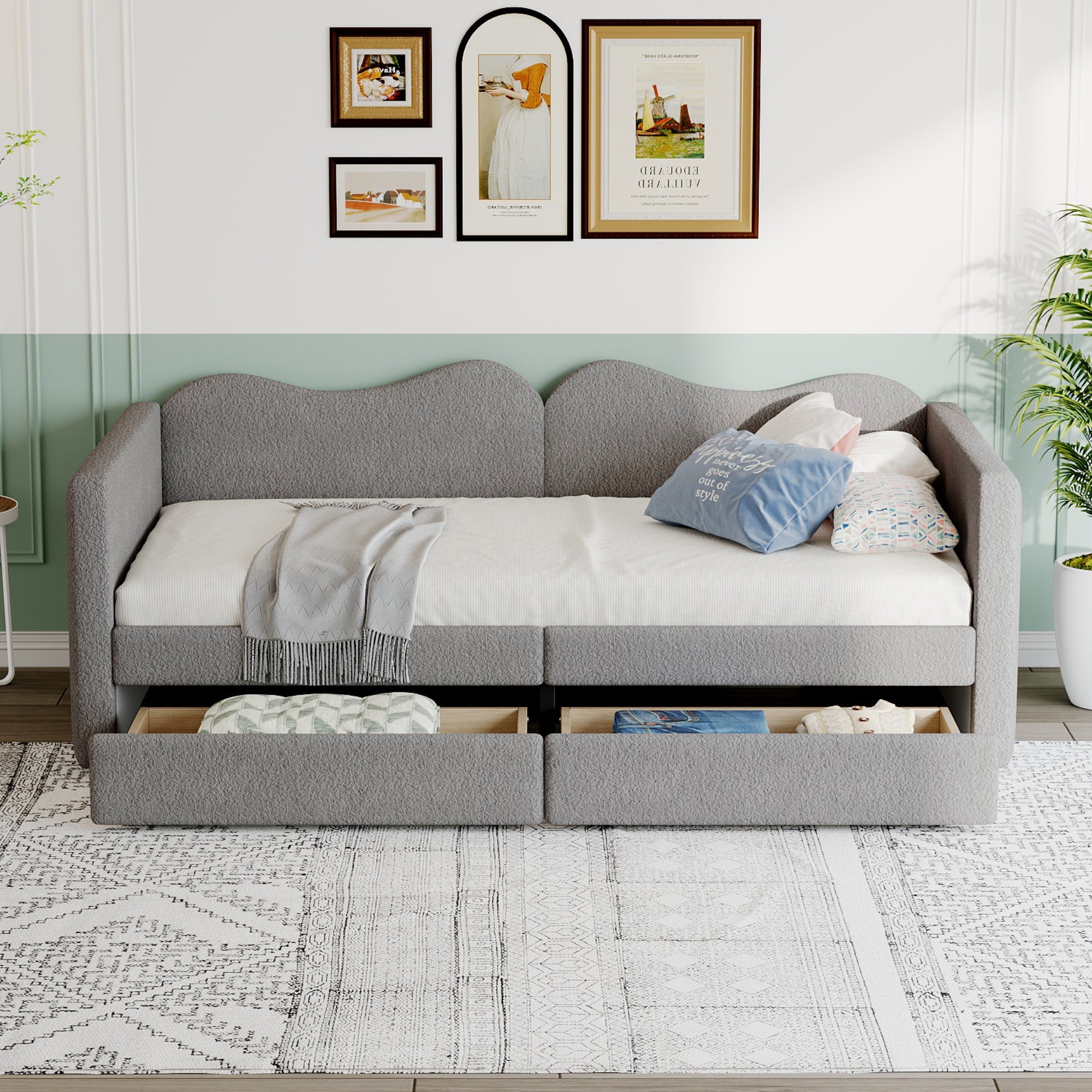 Children's Bed, Upholstered Sofa Bed with 2 Drawers, Teddy Bear Fabric, Gray