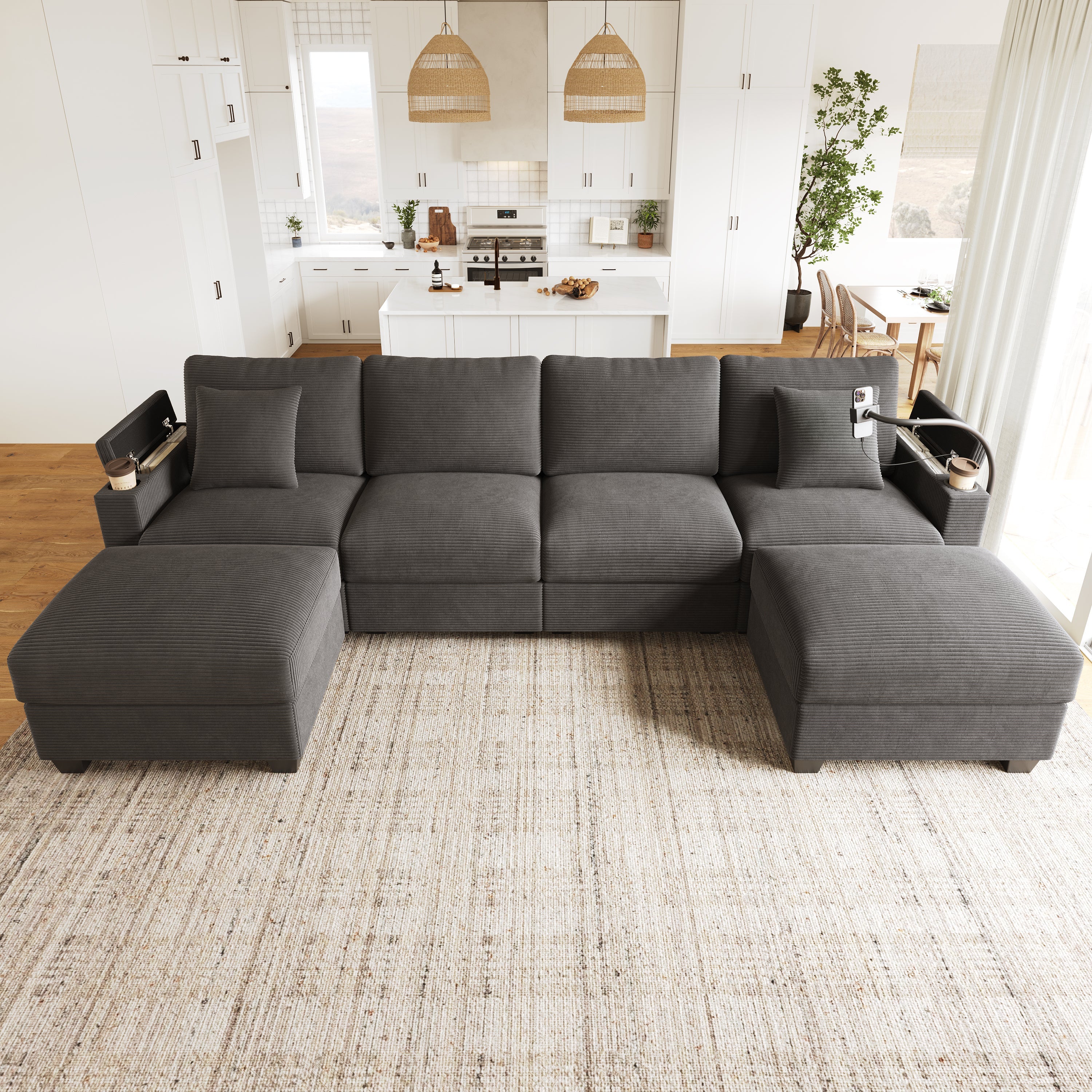 U-Shaped Modular Sofa with Sleeping Function, USB Port and Phone Holder, Gray Corduroy