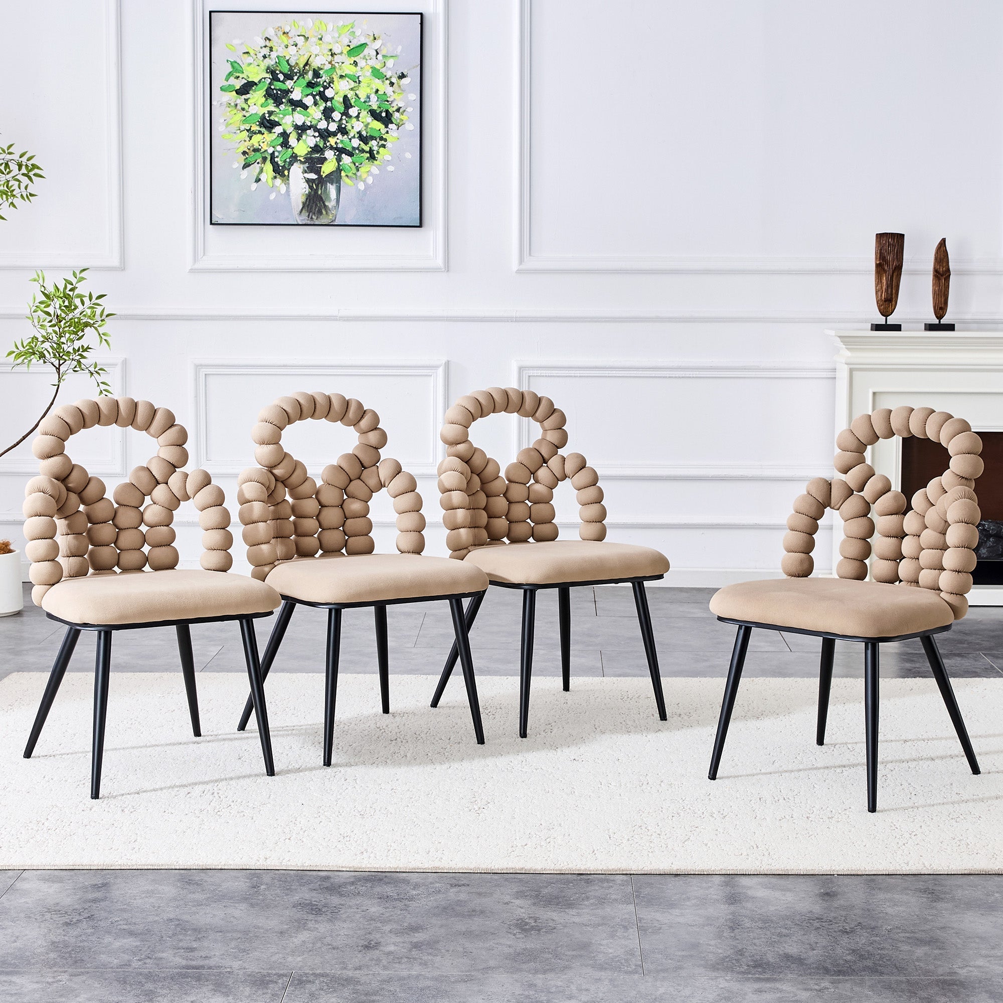 Velvet Dining Chairs Set of 2 Ball Chain Backrests Black Metal Camel