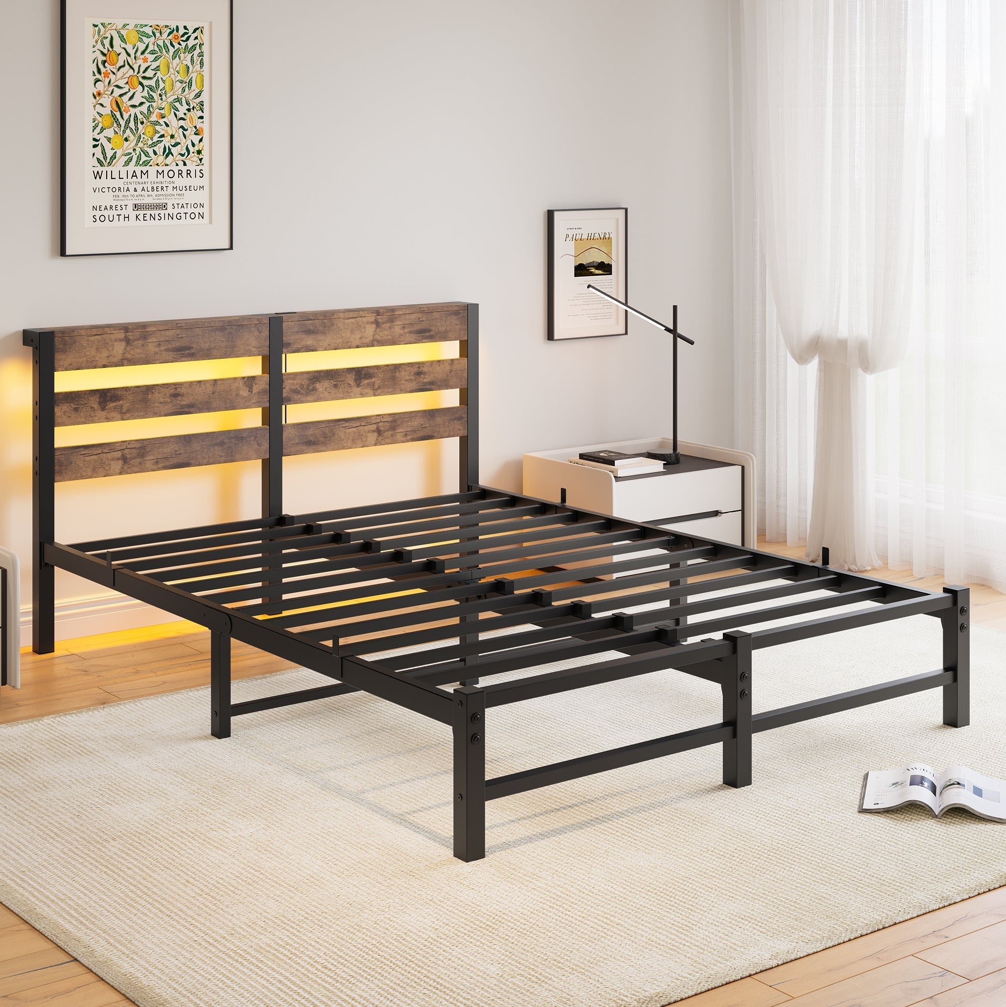 Metal Bed Frame 140x200cm, LED Lighting USB Charging Station Under-Bed Storage, Metal