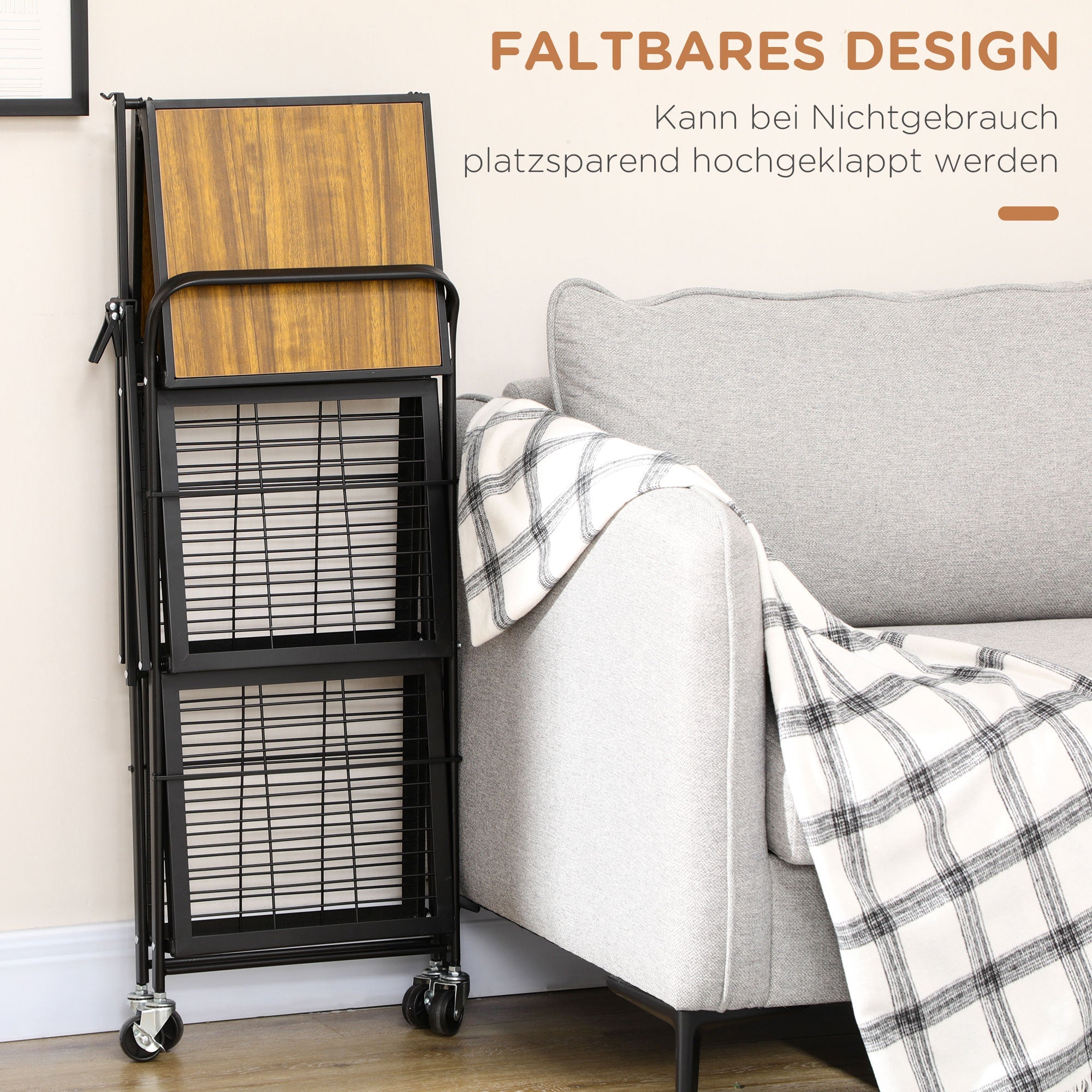 Folding Kitchen Cart, 3 Levels & Handle, Steel, Brown+Black