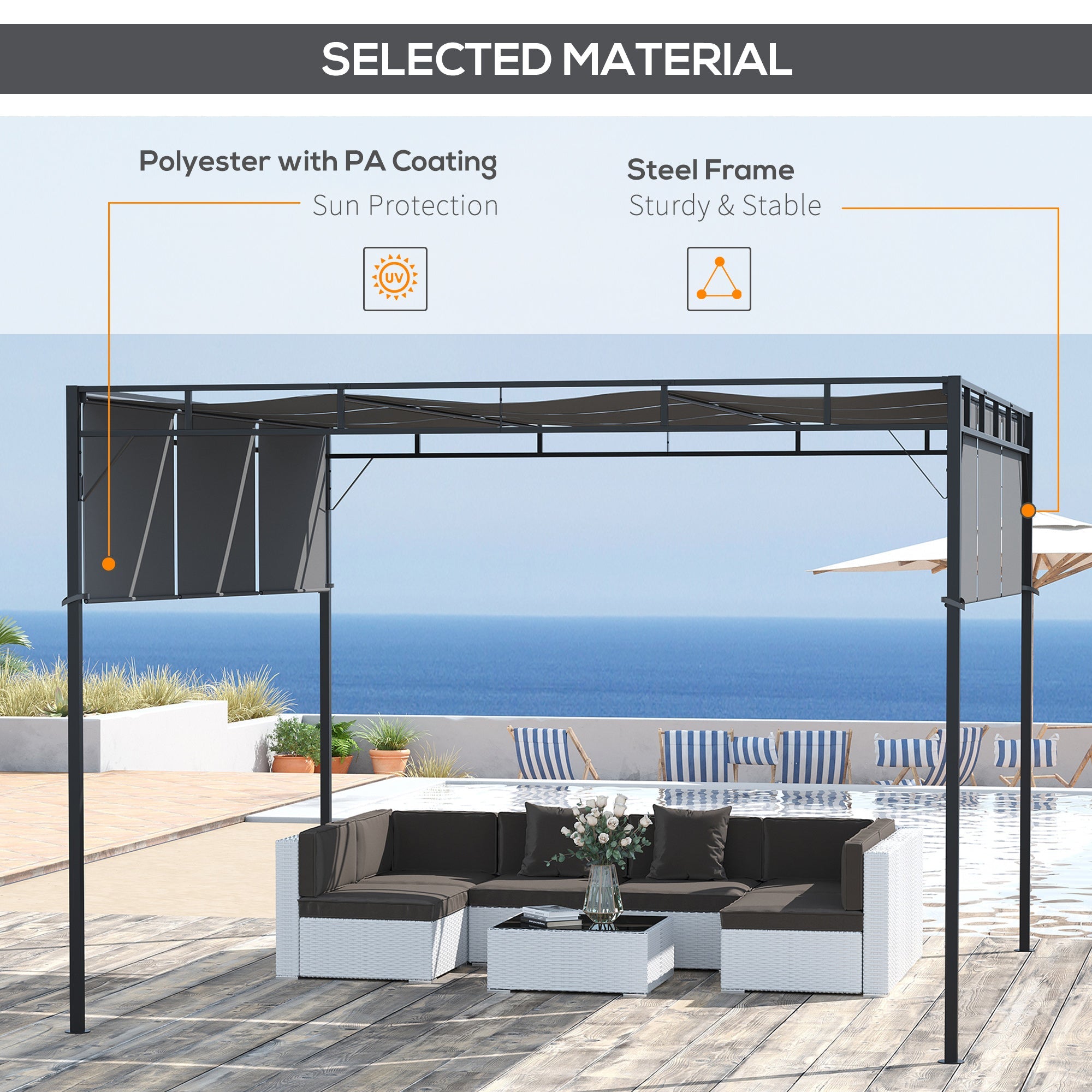 Pergola Gazebo 3x3m Retractable Roof Canopy Dark Grey