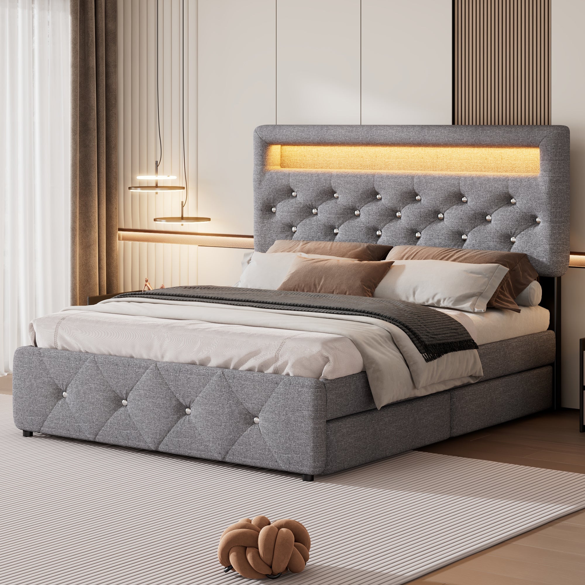 Upholstered Double Bed Pull-out Bed 2 Drawers LED Bedside 140x200cm - Grey