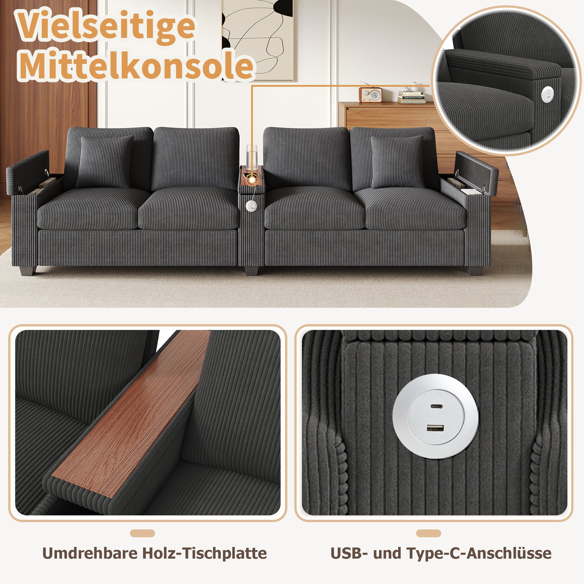 Modern 4-Seater Modular Sofa with USB Charging and Hidden Storage, Gray Corduroy