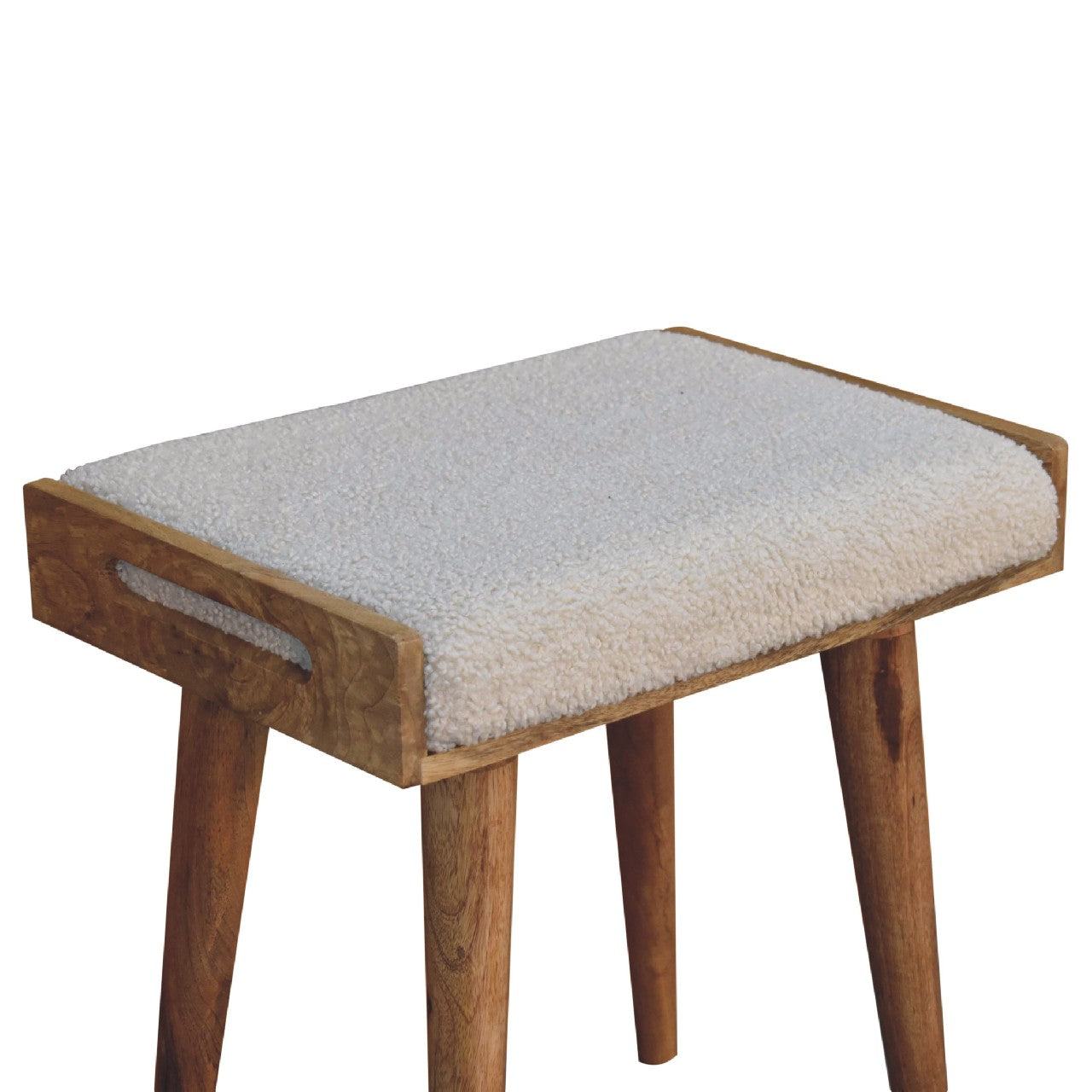 Solid Wood Footstool, Upholstered Tray Style Nordic Legs, Boucle Cream/Beige and Brown