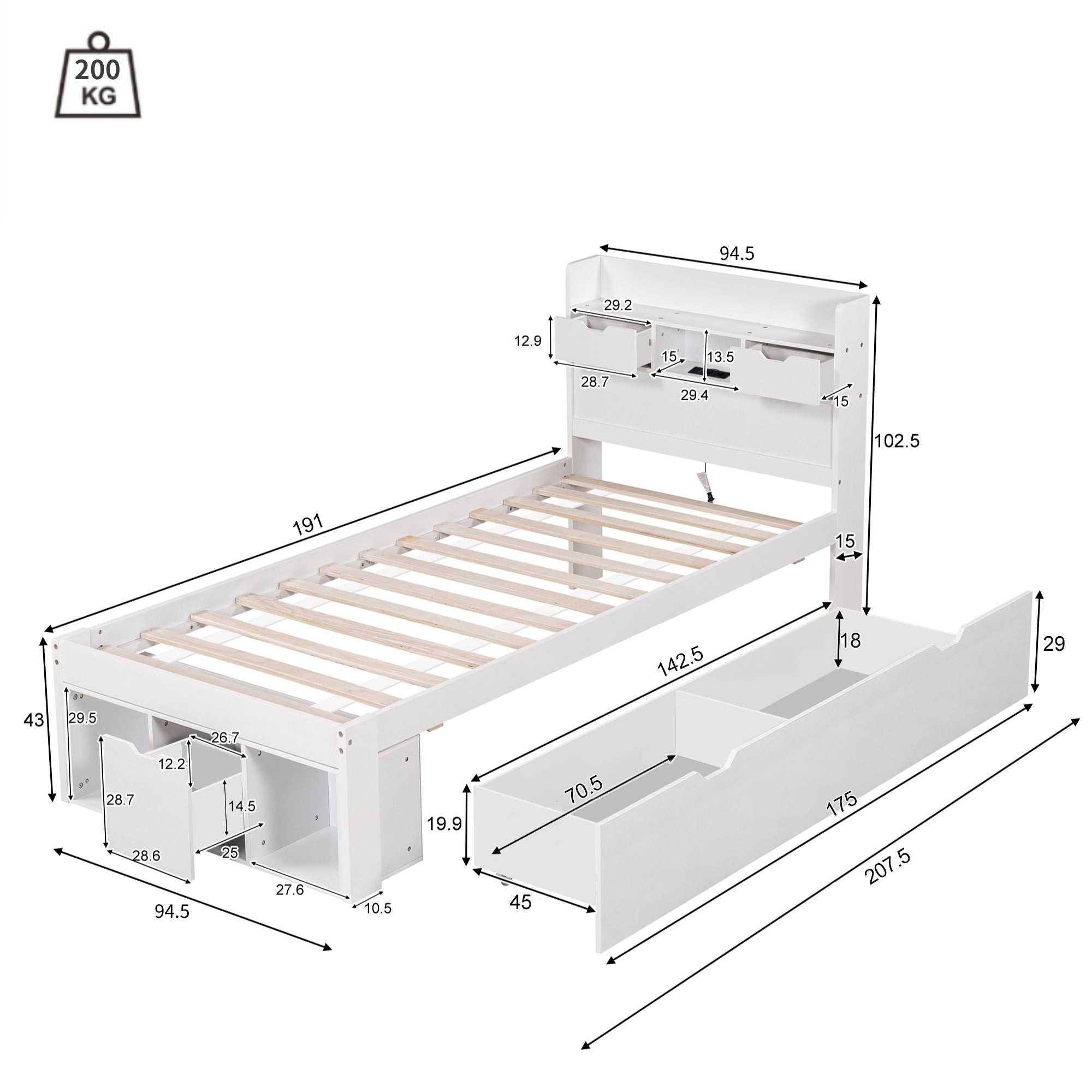 Single Bed Multifunctional 90x190cm with USB Port Drawer & Large Storage White