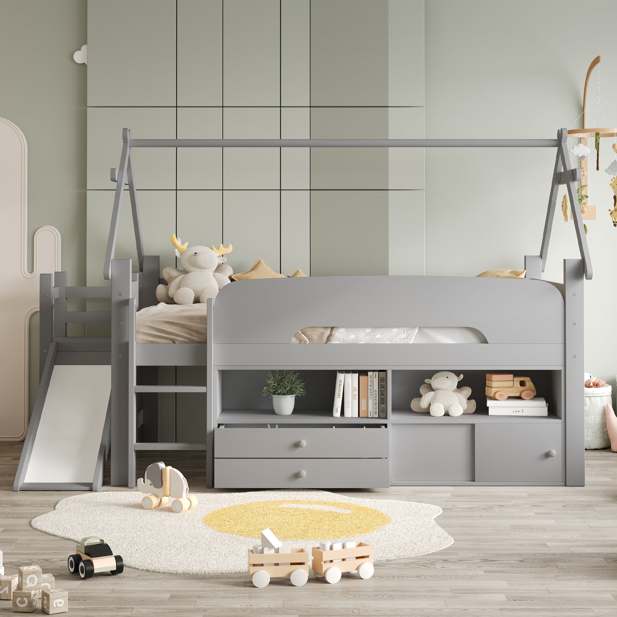 Children's House Bed 90x200cm with Slide Drawers Storage Solid Wood Grey